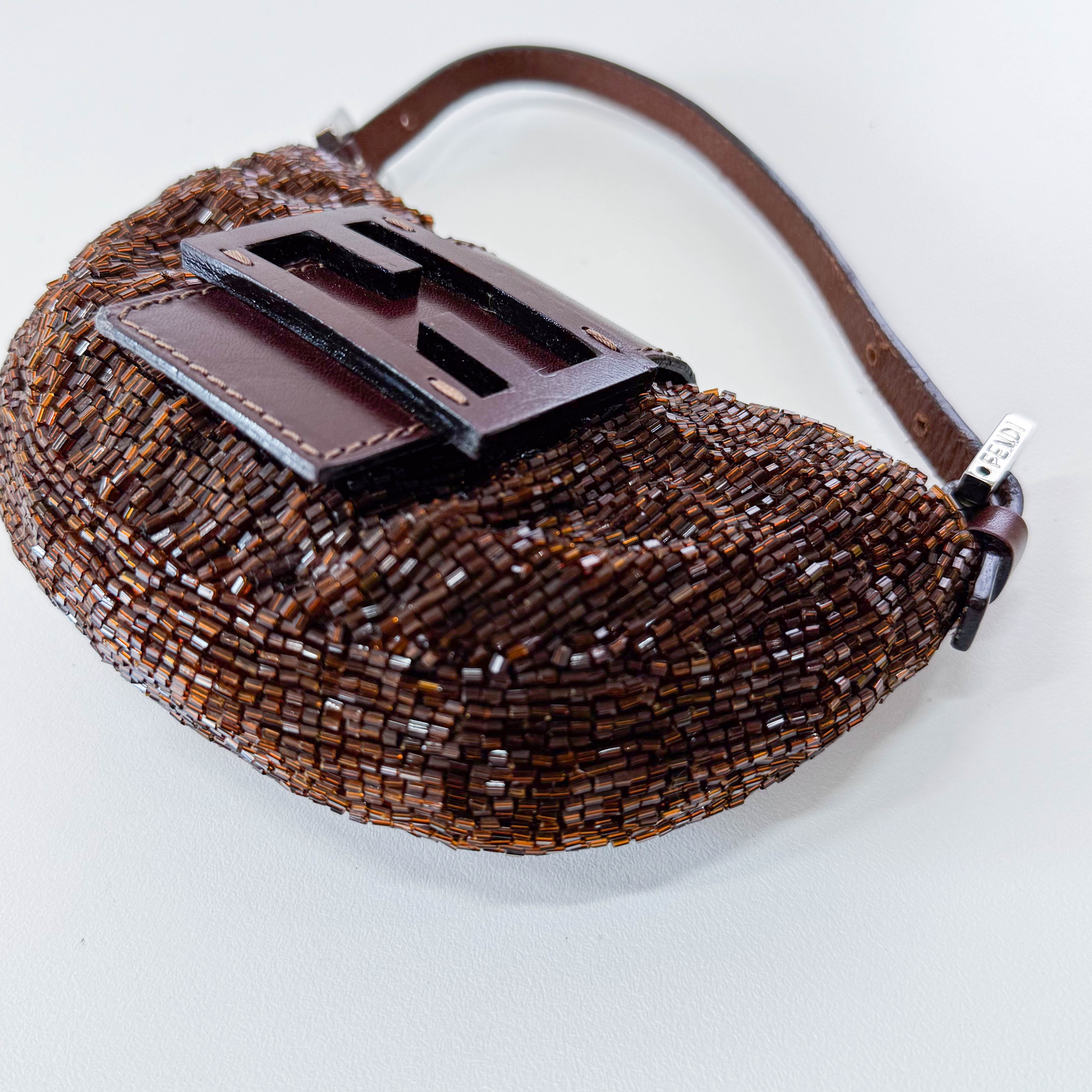Mini Croissant Brown Beaded Bag