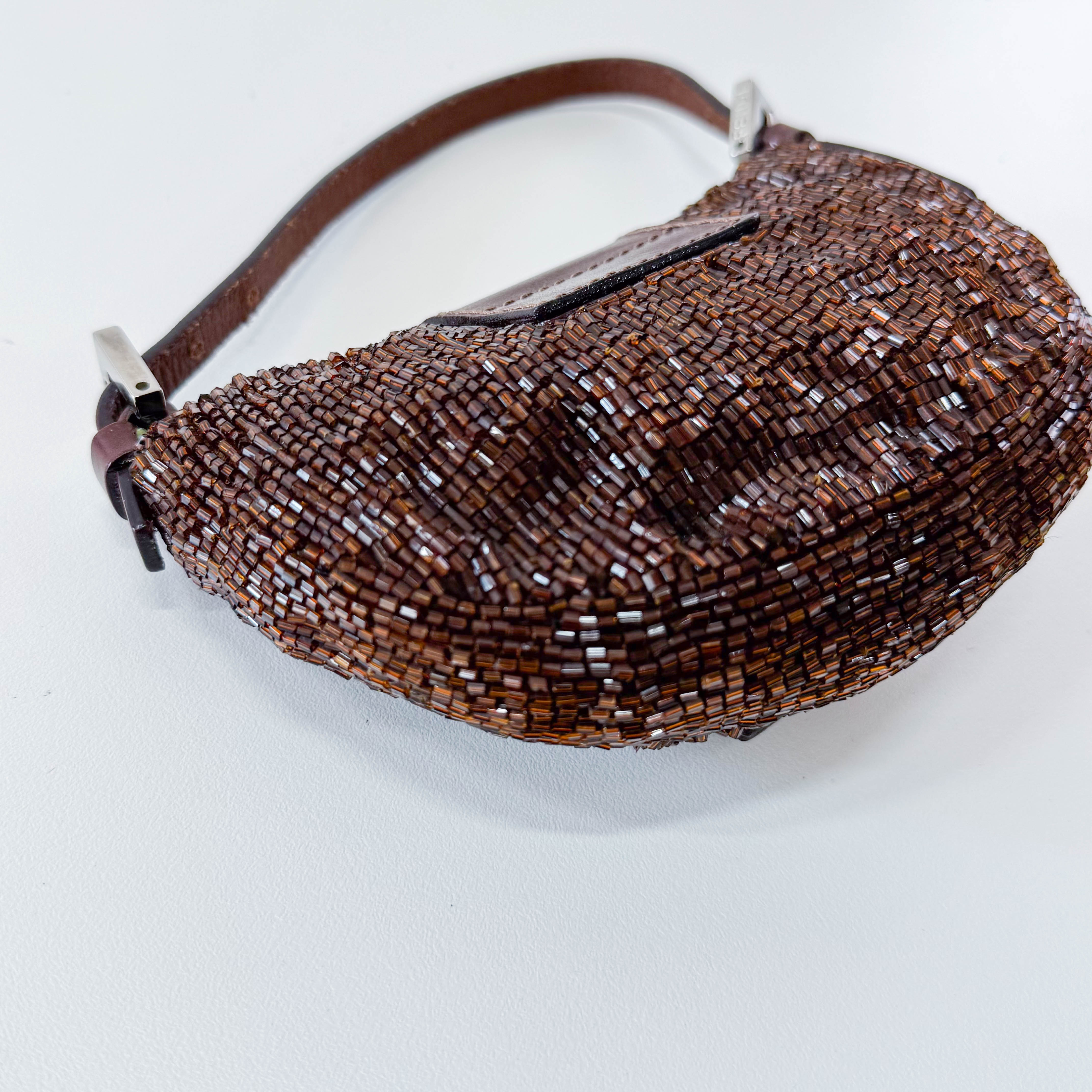 Mini Croissant Brown Beaded Bag
