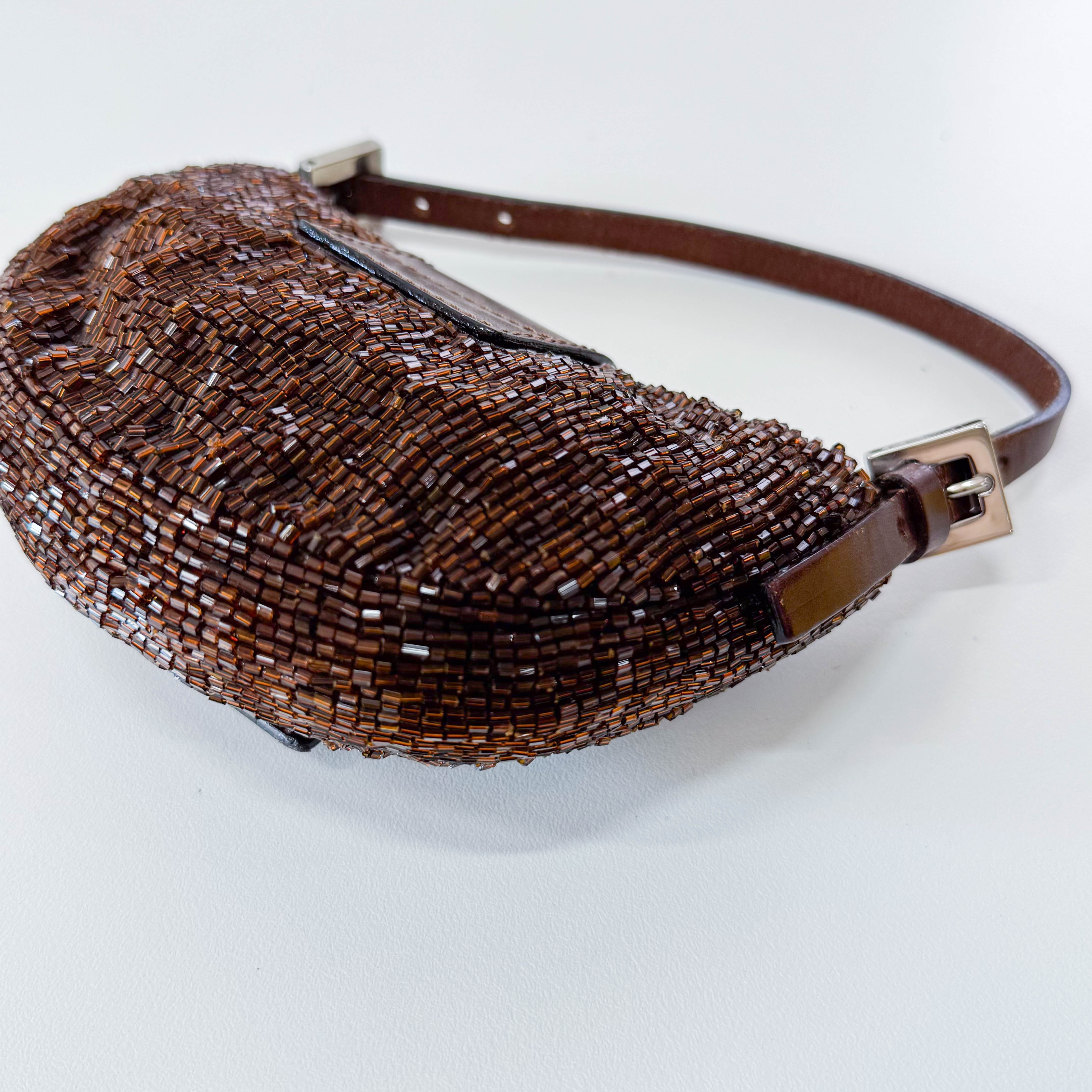 Mini Croissant Brown Beaded Bag