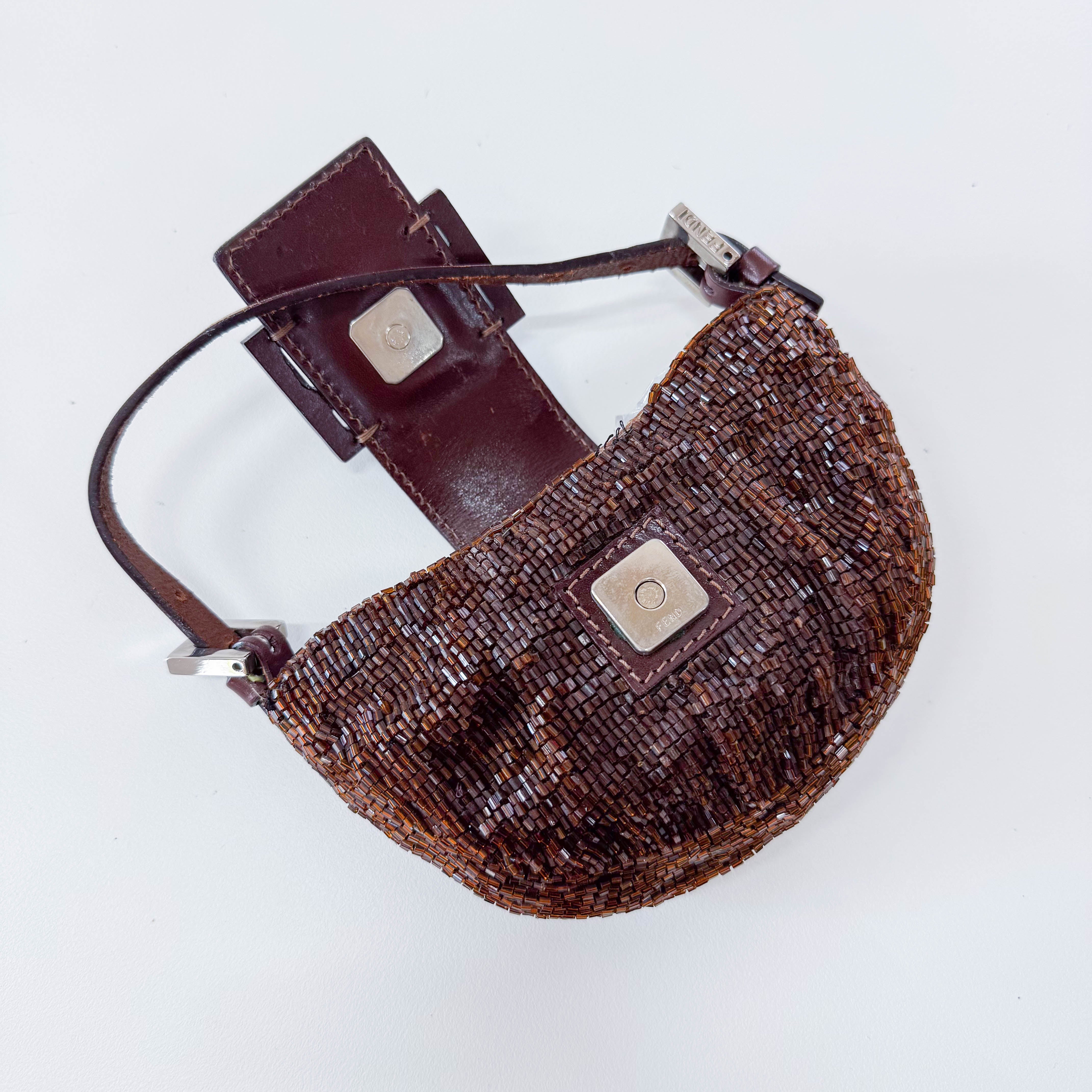 Mini Croissant Brown Beaded Bag