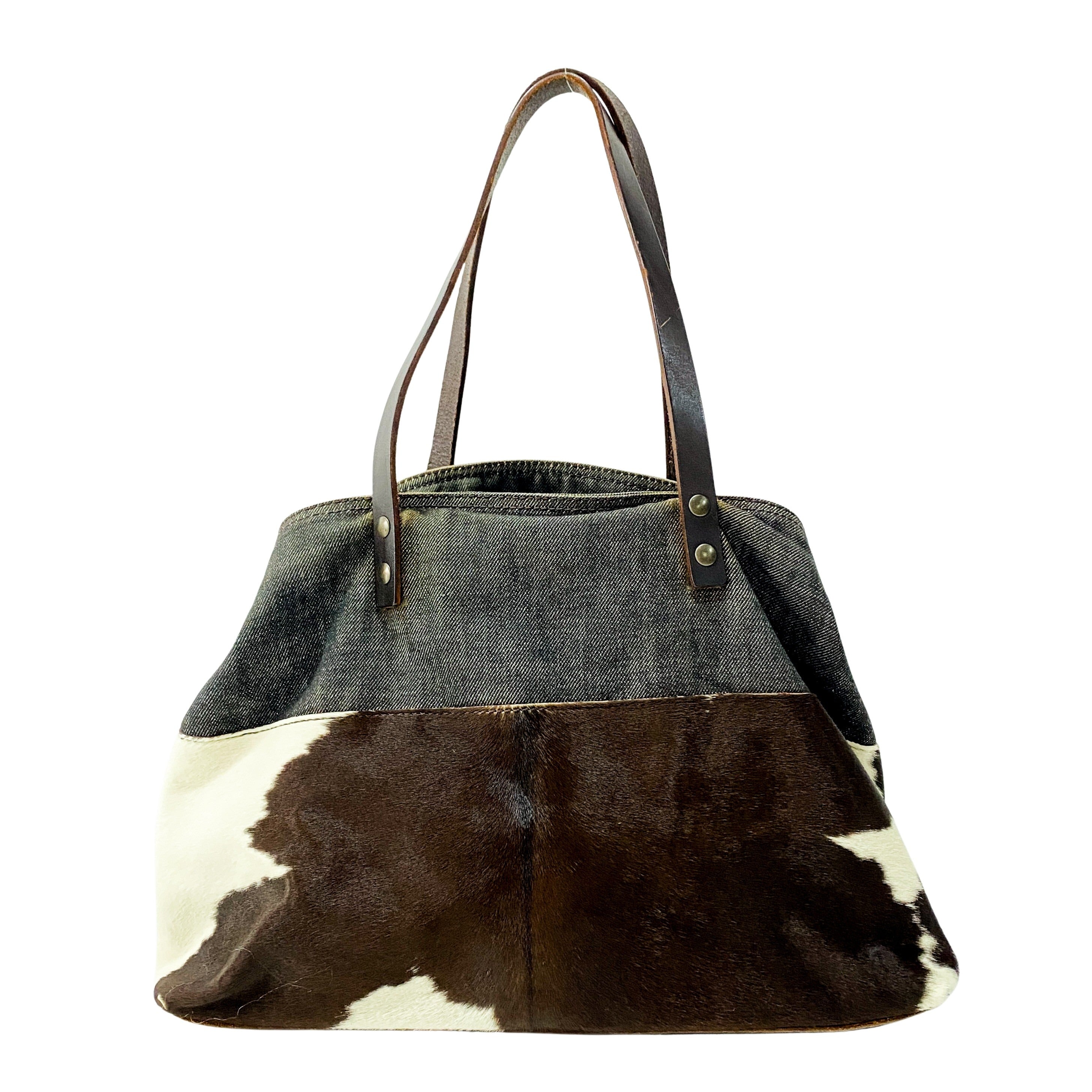 Cow Print Pony Hair & Blue Denim Shoulder Bag