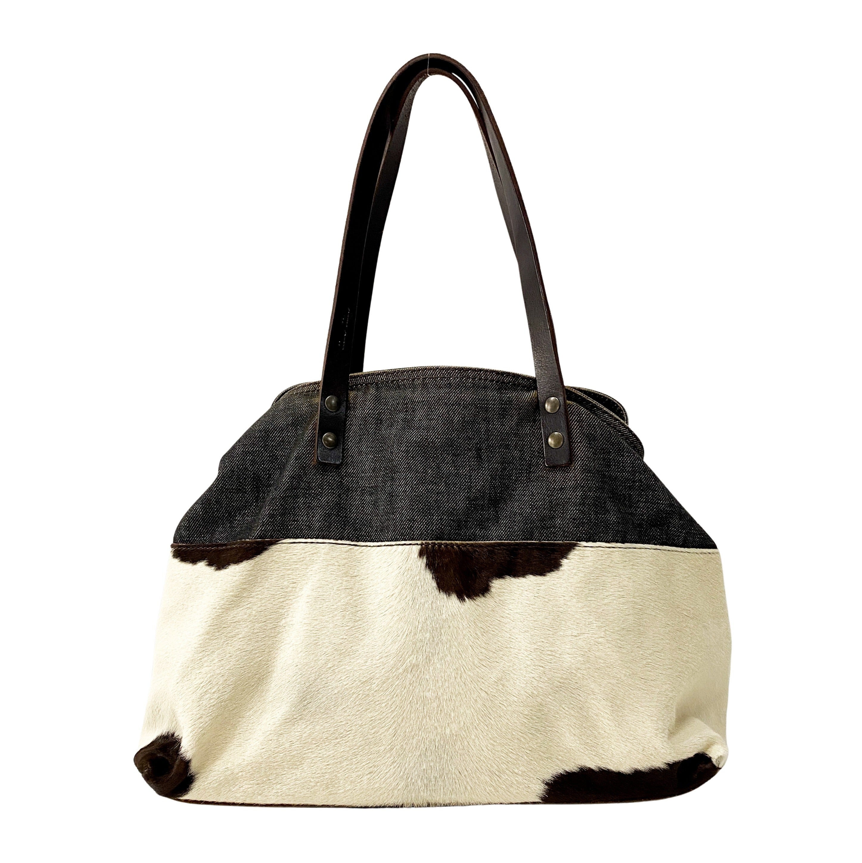 Cow Print Pony Hair & Blue Denim Shoulder Bag