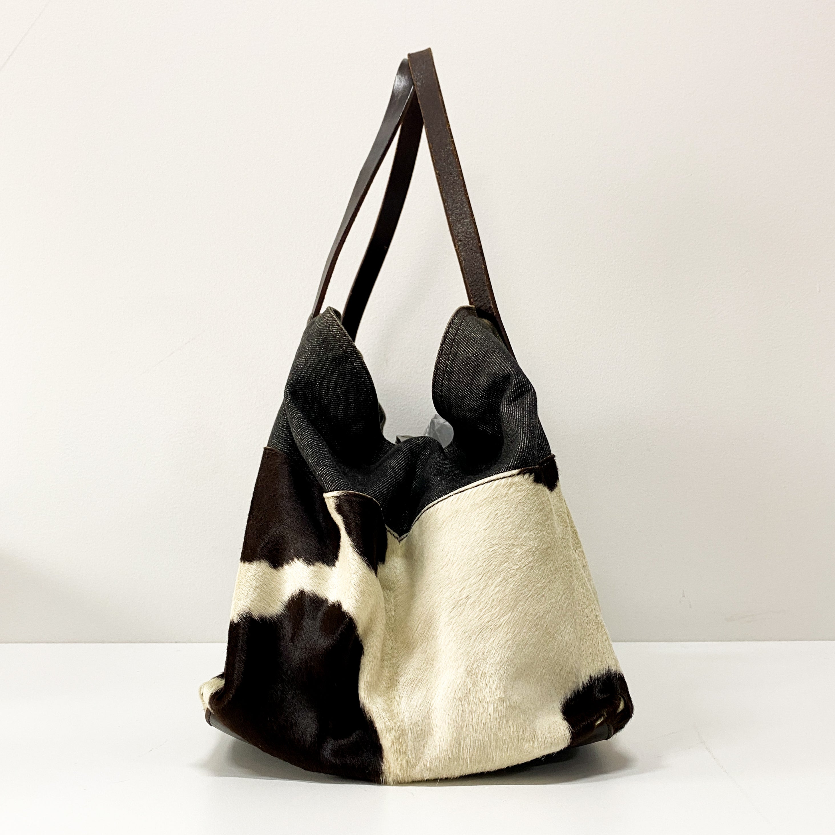 Cow Print Pony Hair & Blue Denim Shoulder Bag