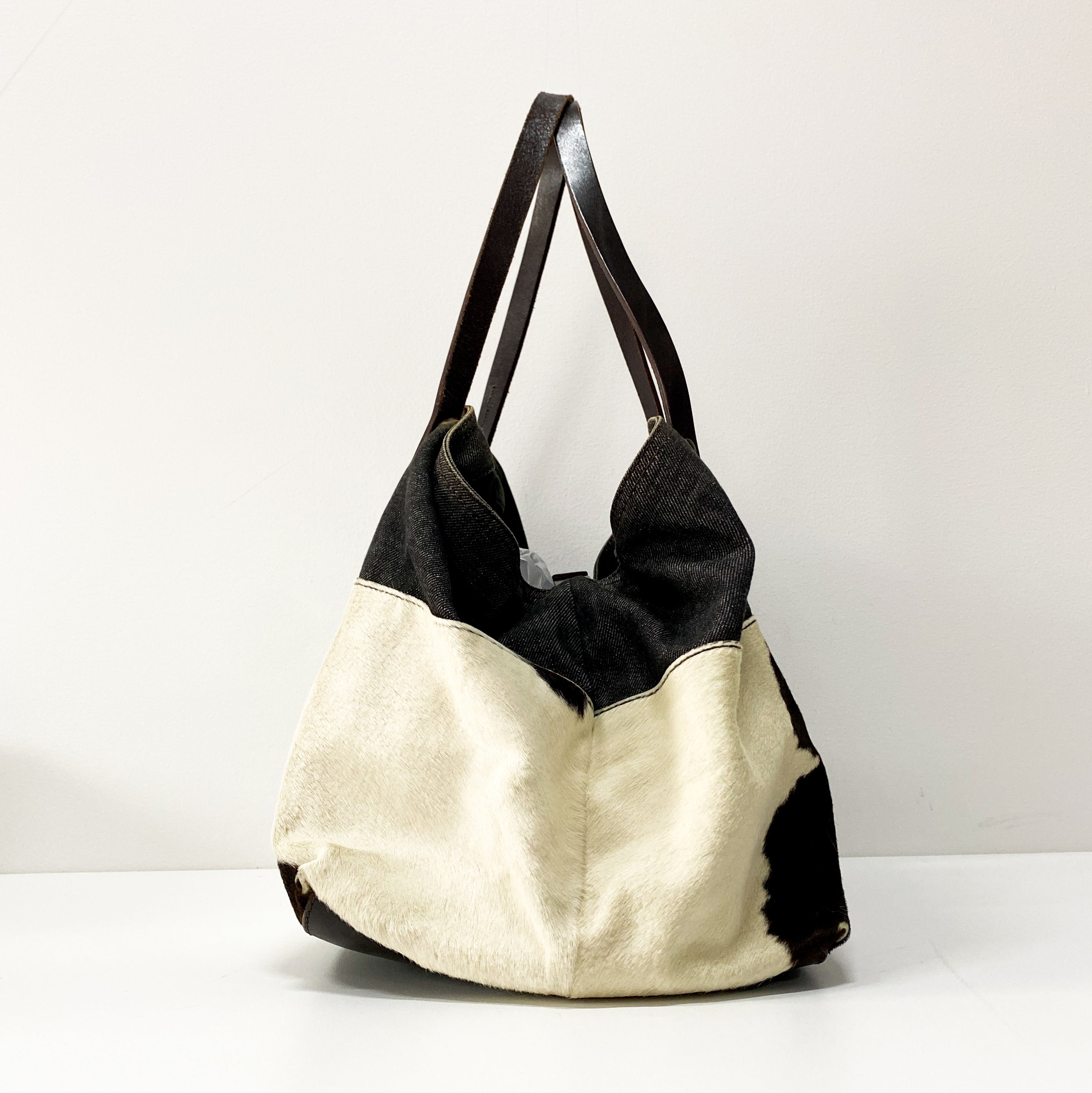 Cow Print Pony Hair & Blue Denim Shoulder Bag