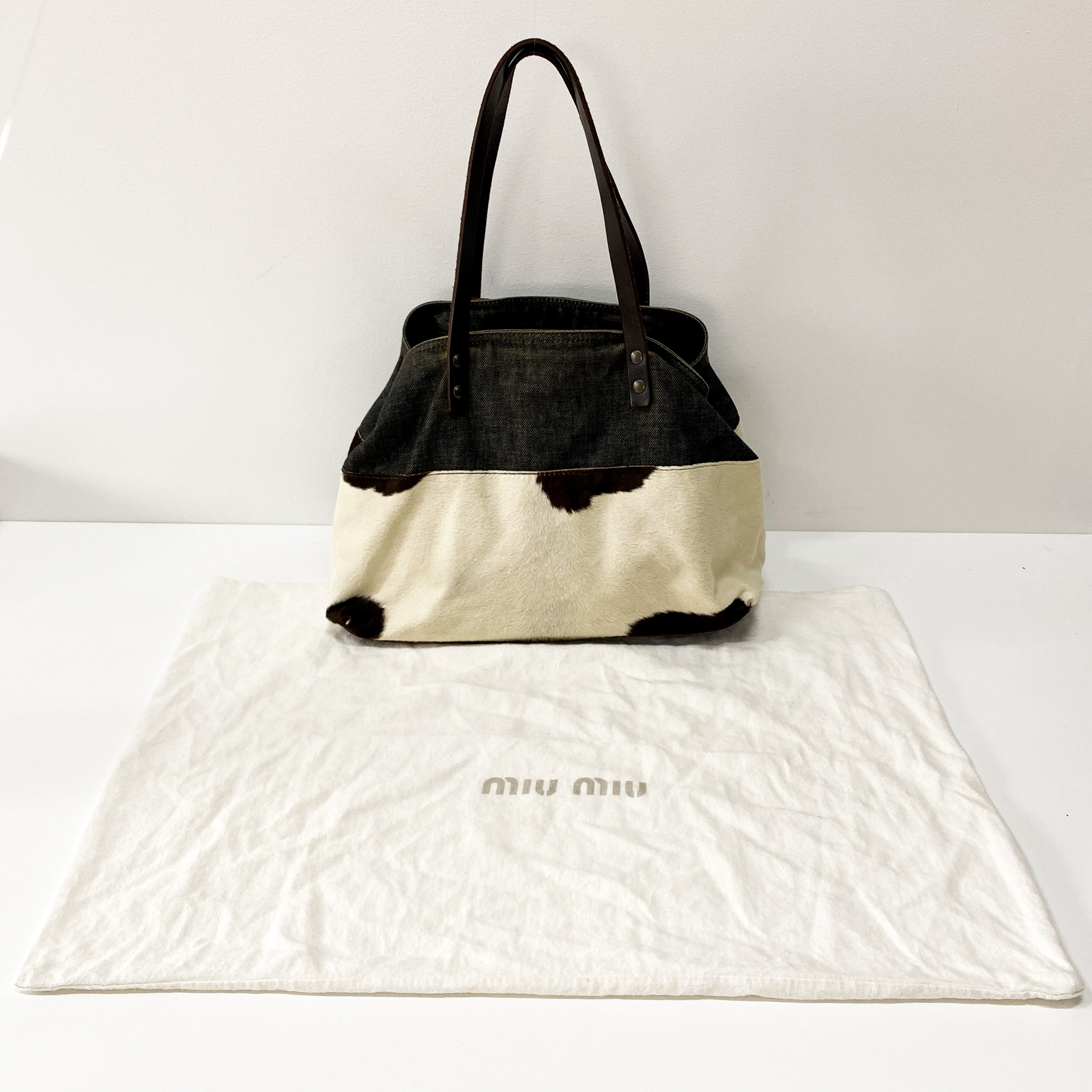 Cow Print Pony Hair & Blue Denim Shoulder Bag