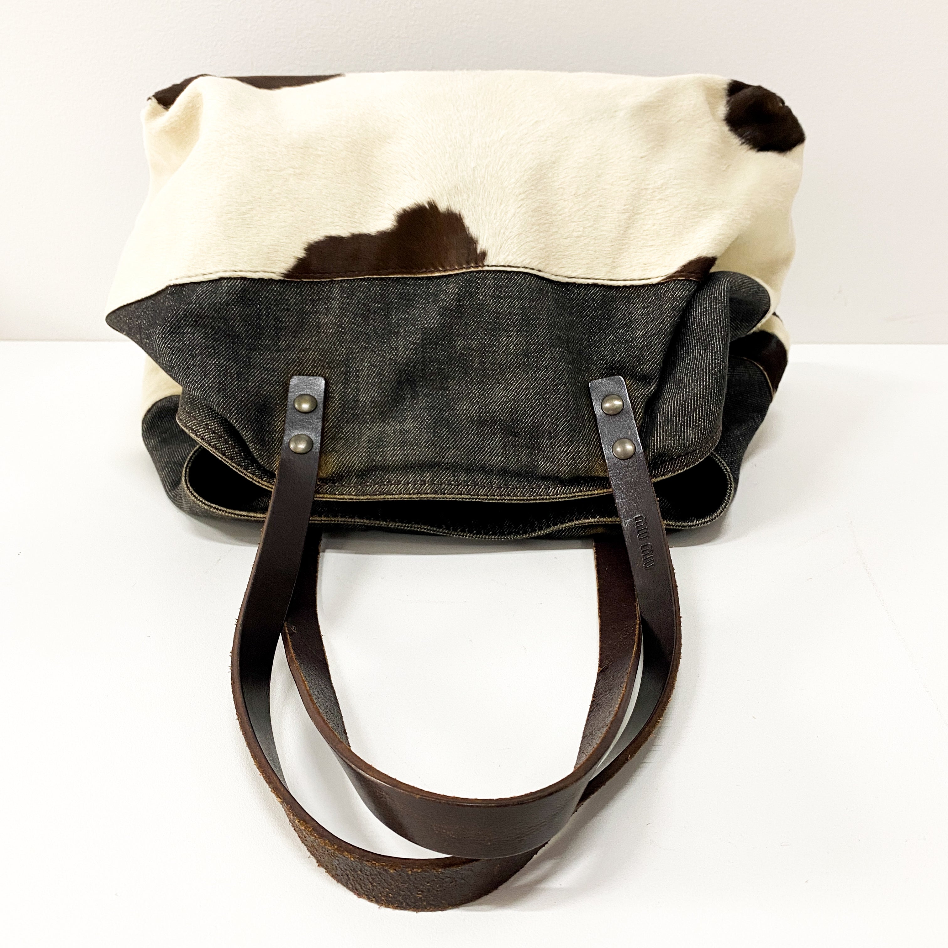 Cow Print Pony Hair & Blue Denim Shoulder Bag