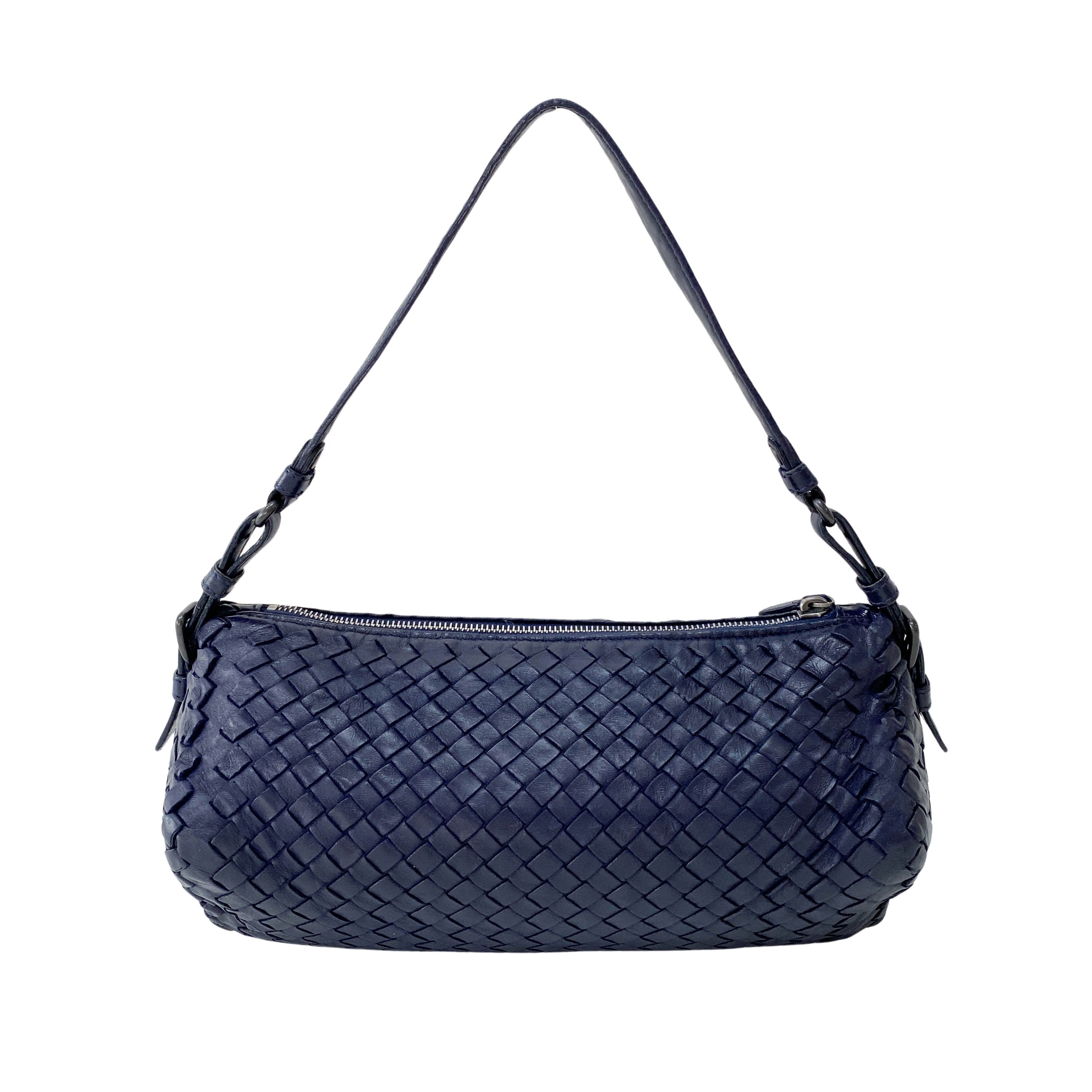 Intrecciato Navy Leather Shoulder Bag