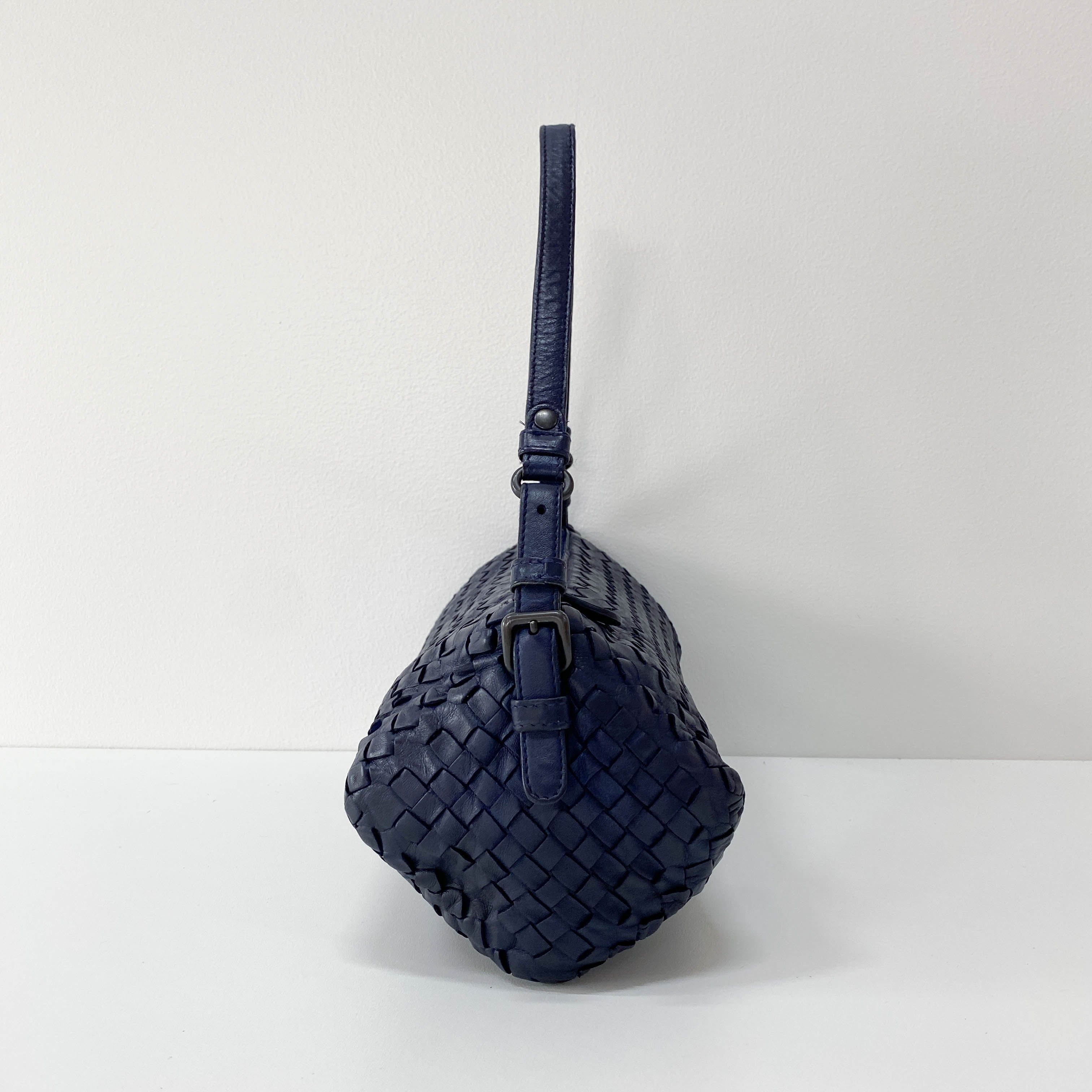 Intrecciato Navy Leather Shoulder Bag