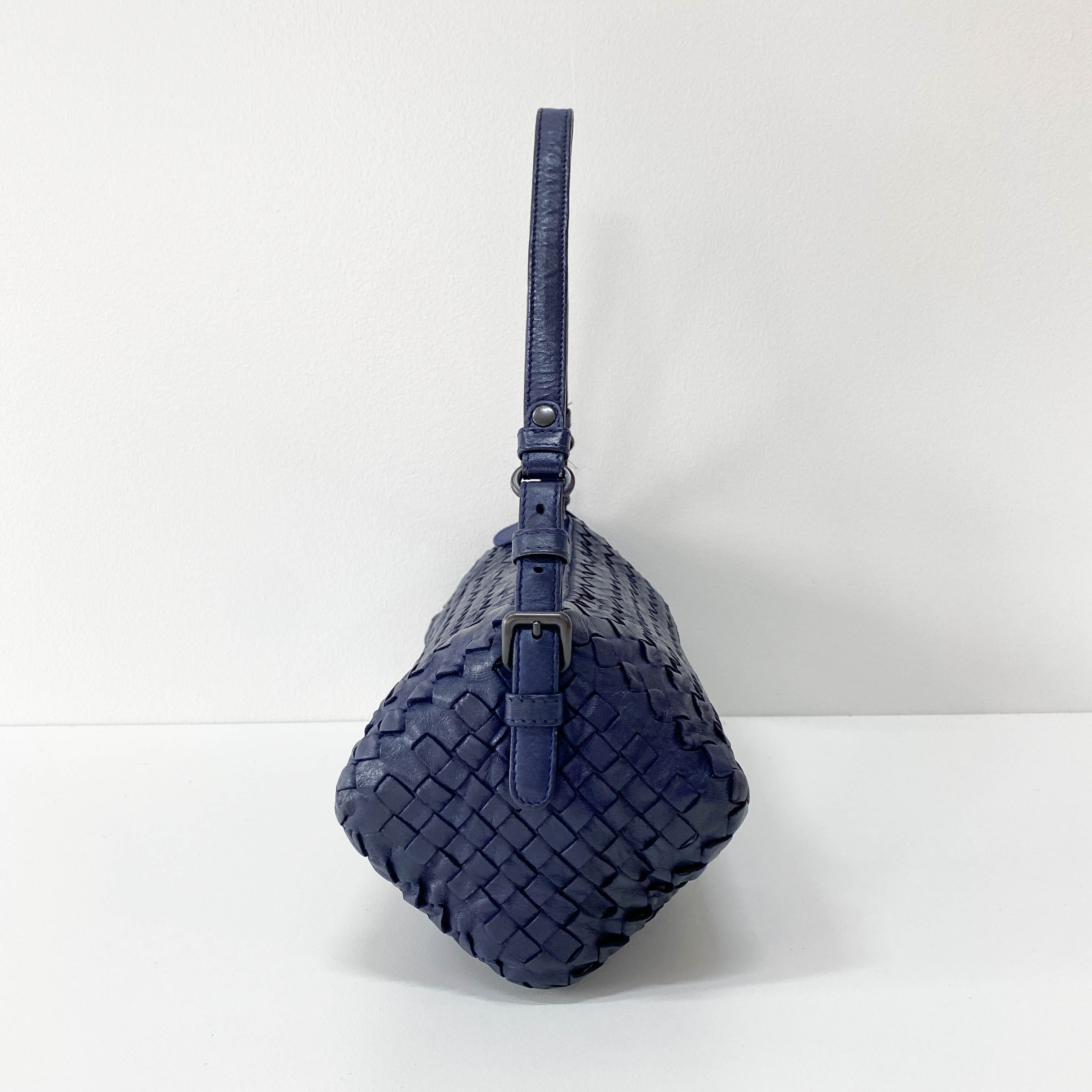 Intrecciato Navy Leather Shoulder Bag