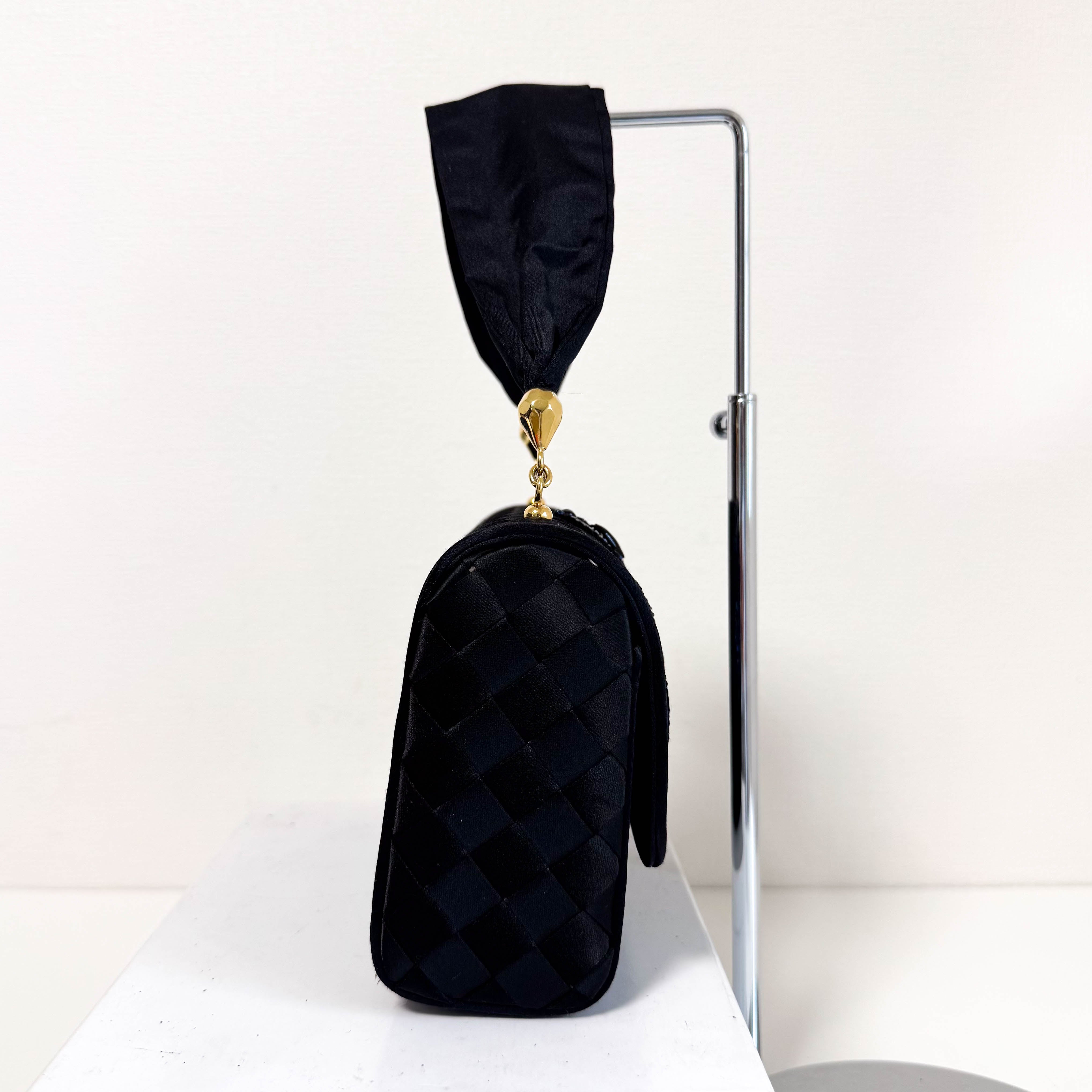 Intrecciato Black Satin Butterfly embroidered Handbag