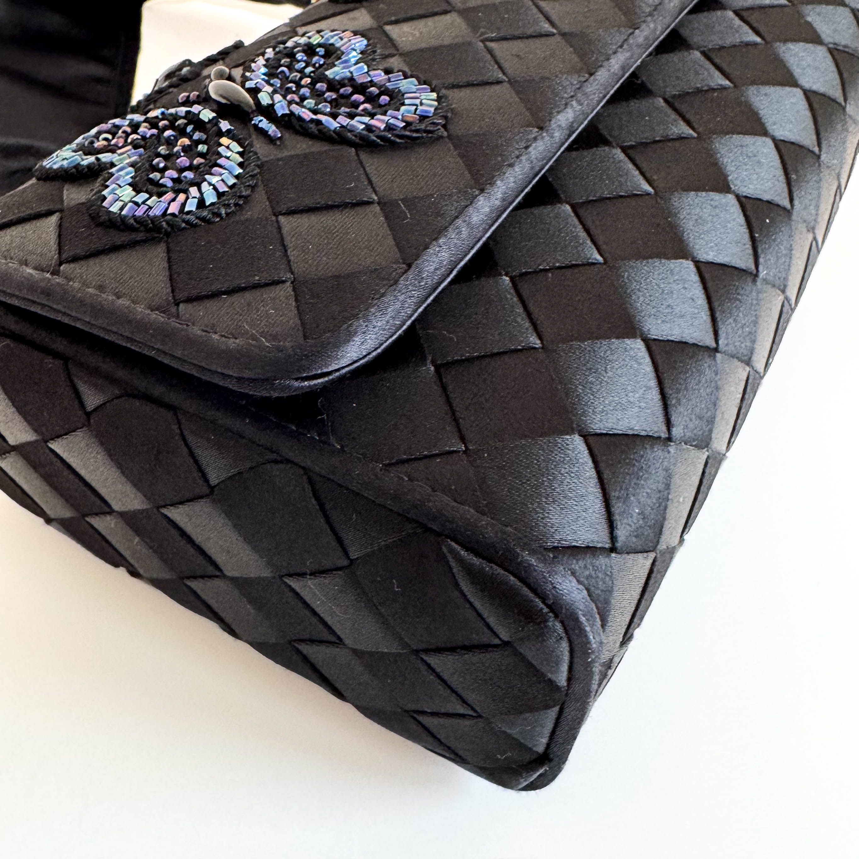 Intrecciato Black Satin Butterfly embroidered Handbag