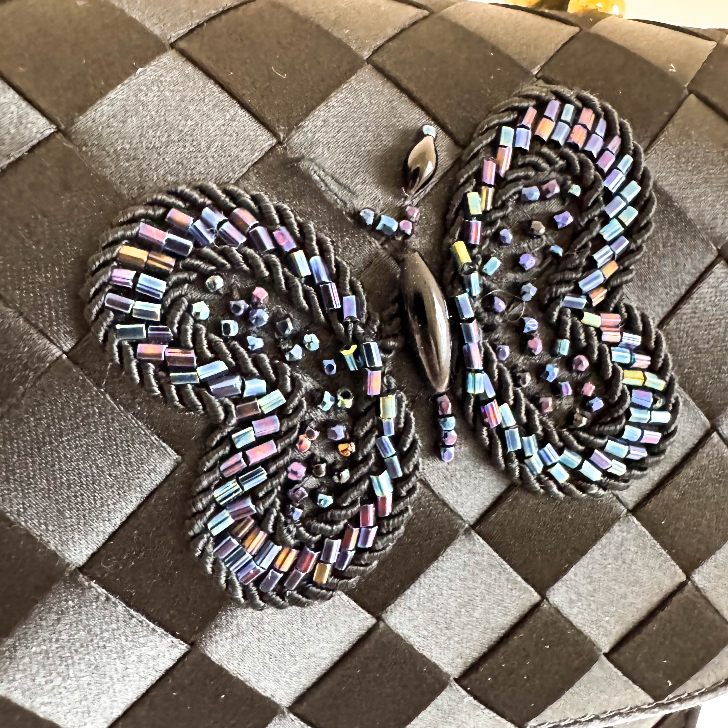 Intrecciato Black Satin Butterfly embroidered Handbag