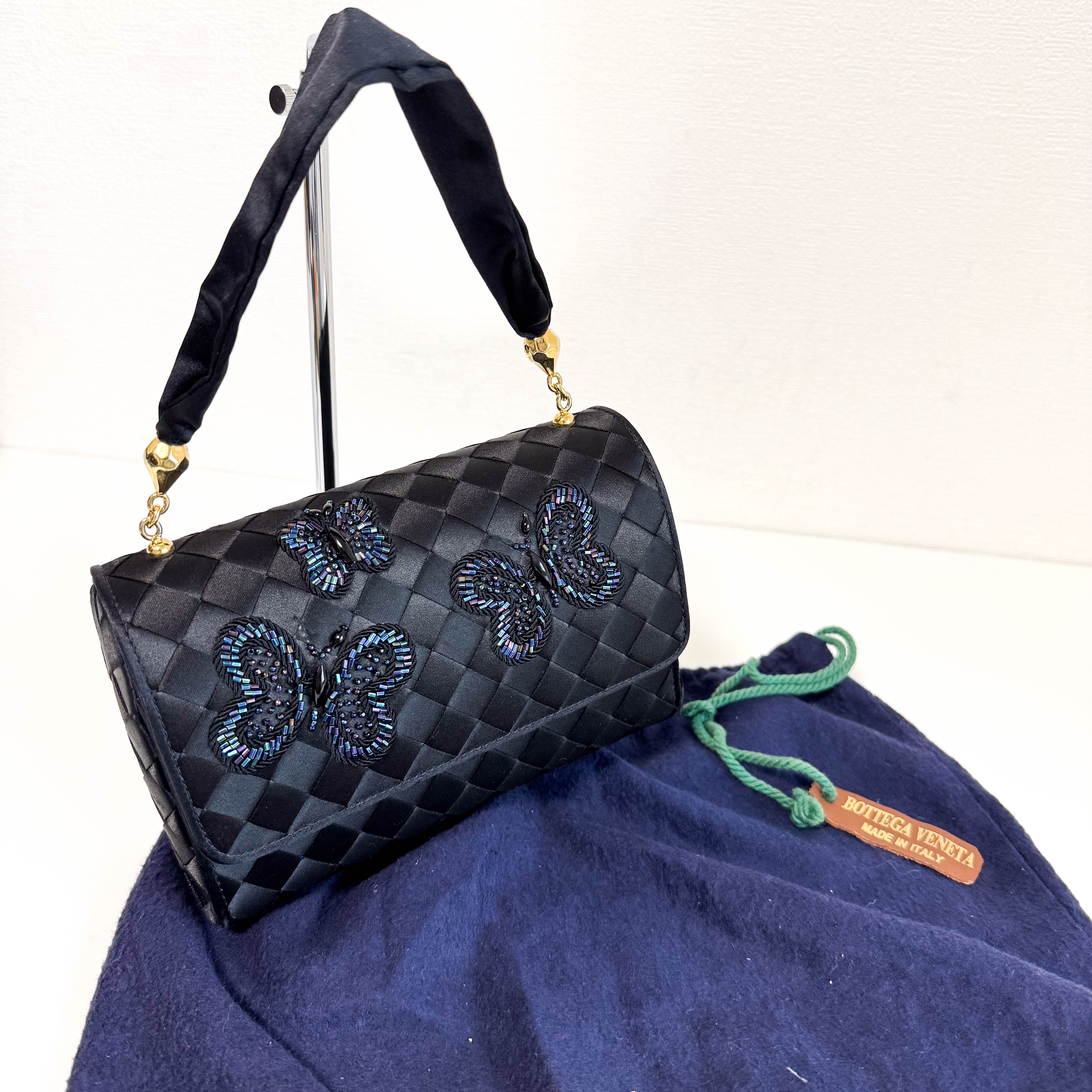 Intrecciato Black Satin Butterfly embroidered Handbag