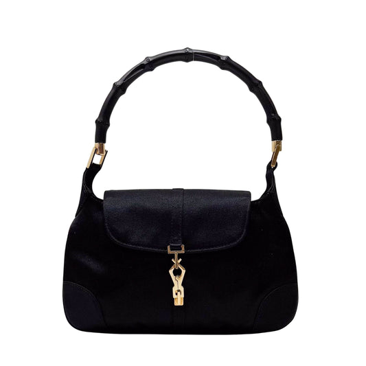 Jackie Mini Black Satin Bamboo Handle Handbag