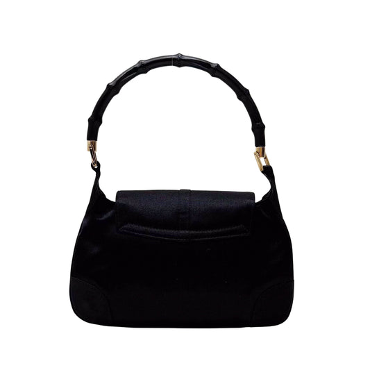 Jackie Mini Black Satin Bamboo Handle Handbag
