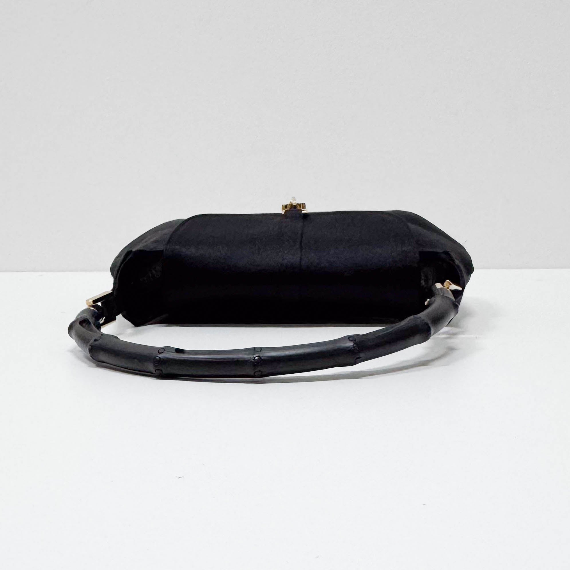 Jackie Mini Black Satin Bamboo Handle Handbag