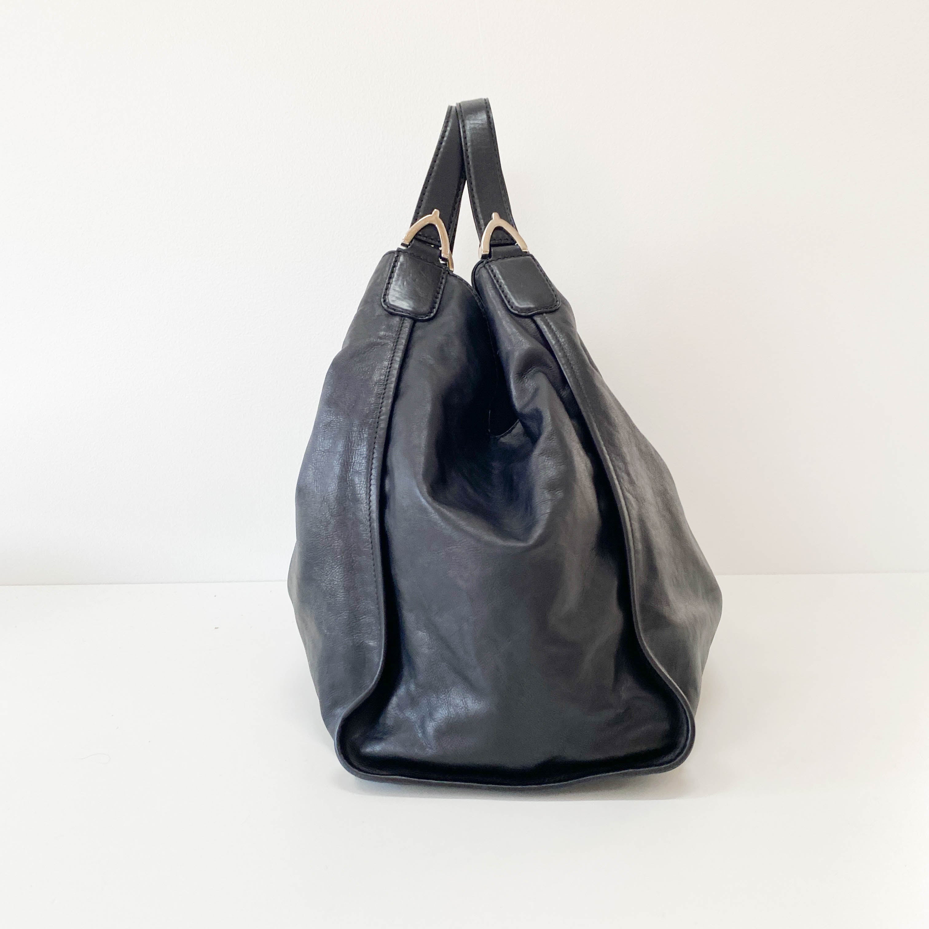 Large Stirrup Black Leather Top Handle  