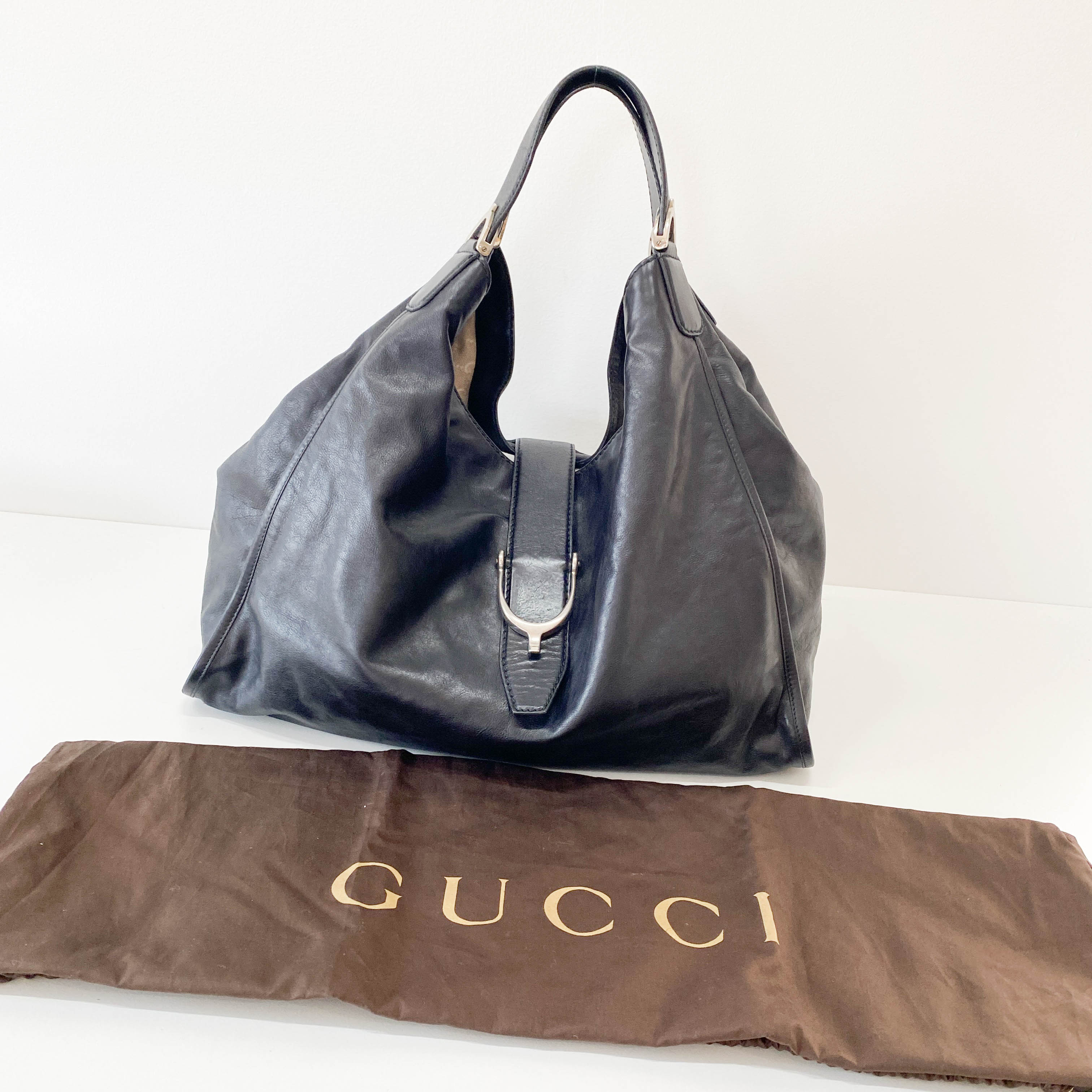 Large Stirrup Black Leather Top Handle  