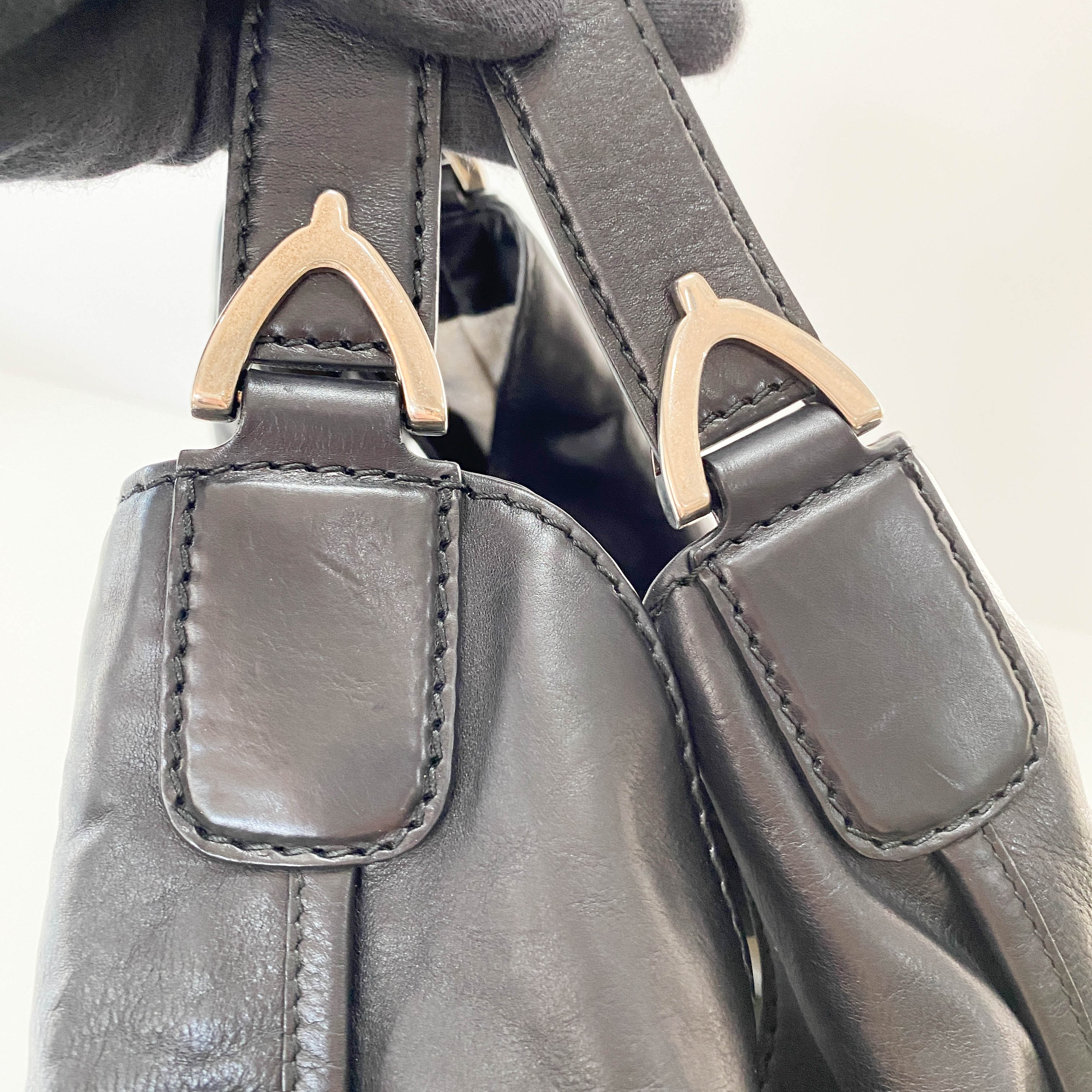 Large Stirrup Black Leather Top Handle  