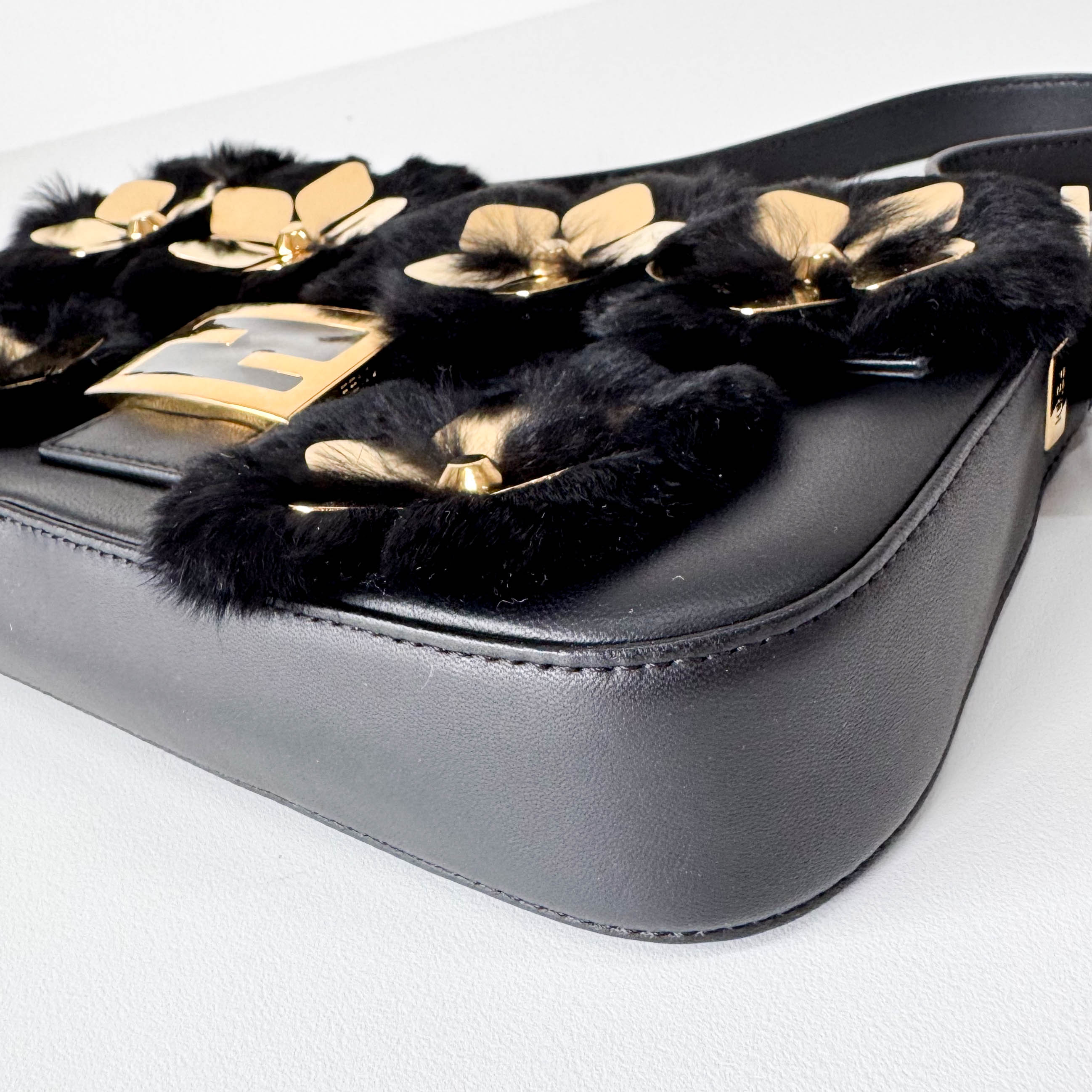 Black Leather Fur Baguette Bag Adorned With Metal Flower Details