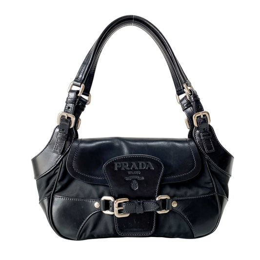 Black Nylon & Leather Shoulder Bag