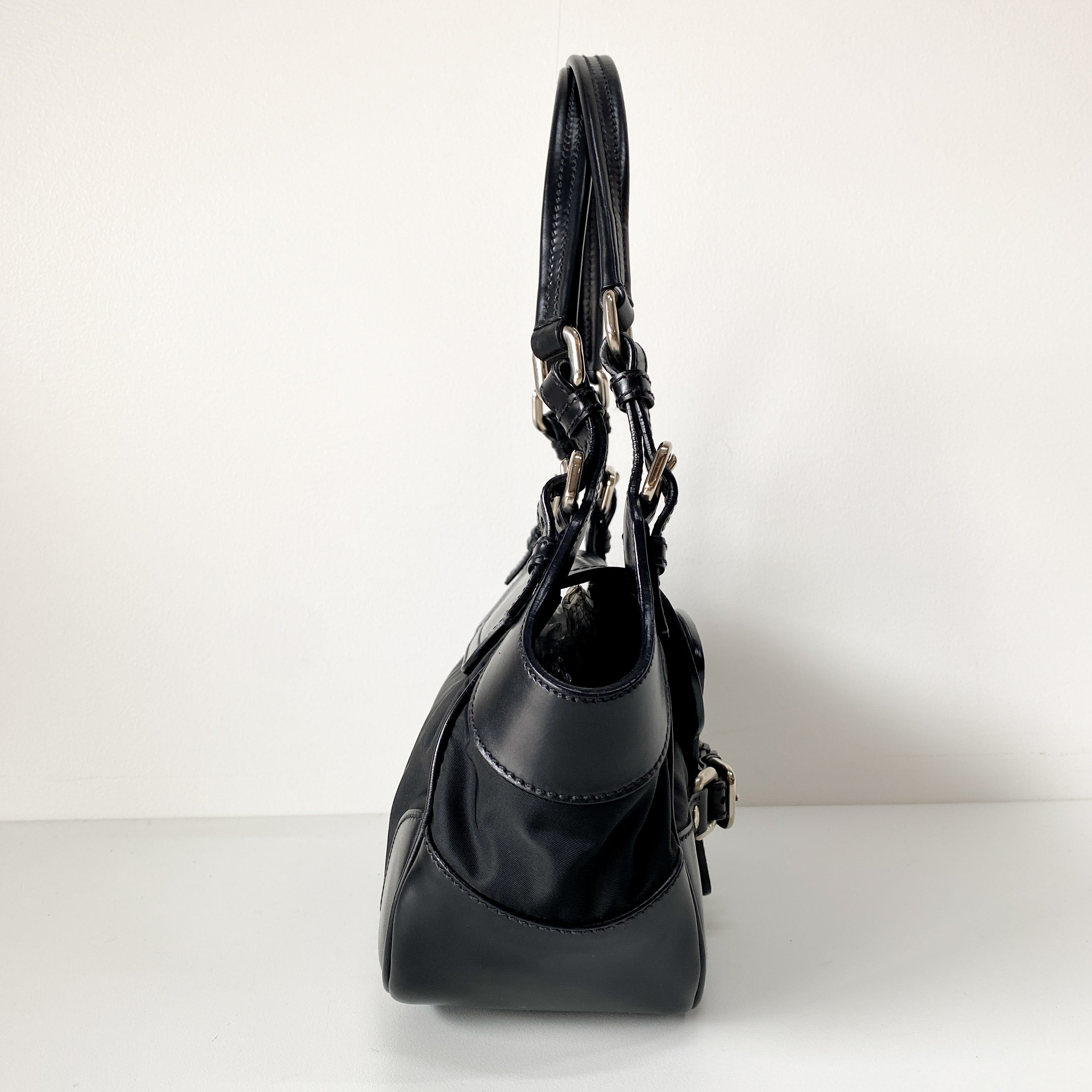 Black Nylon & Leather Shoulder Bag