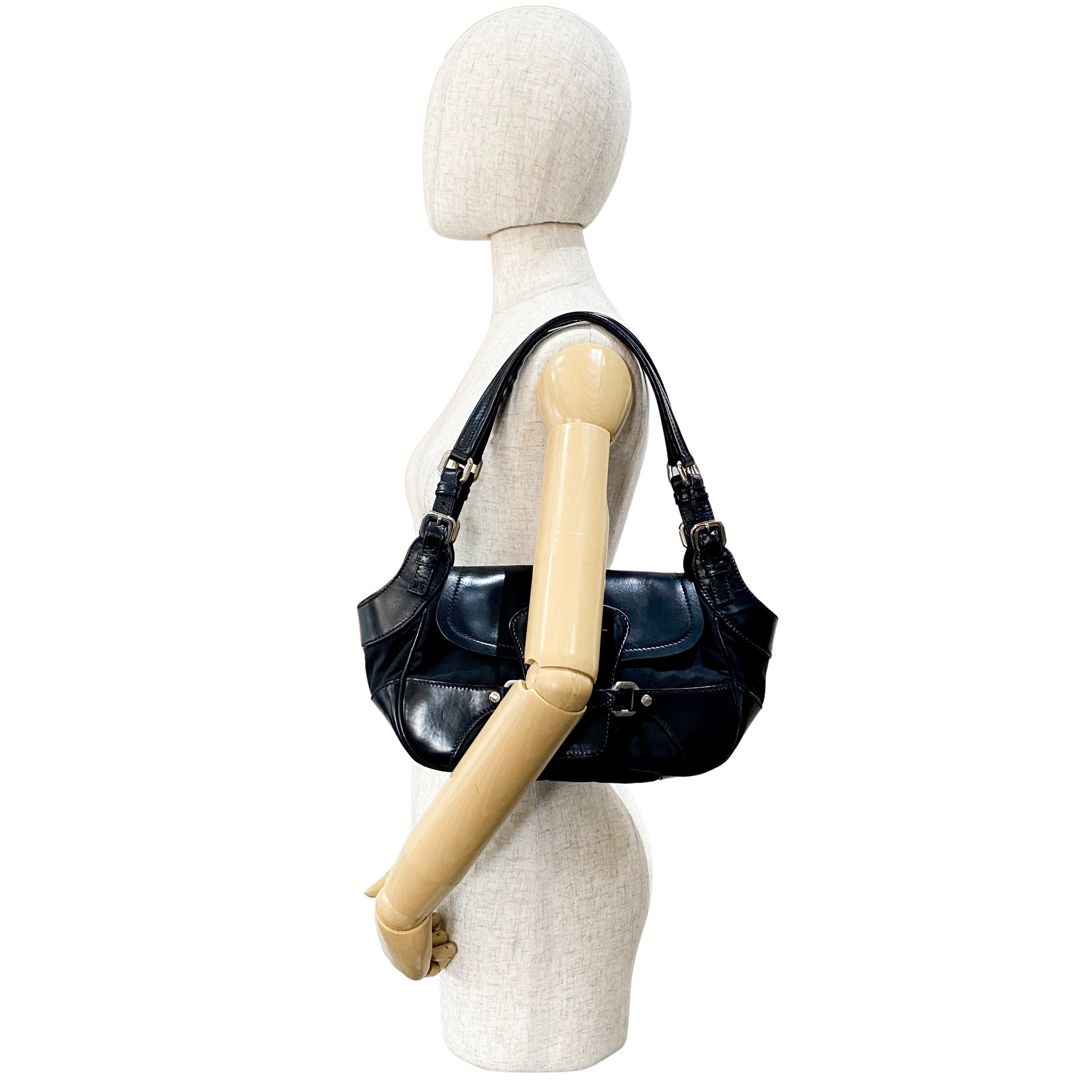 Black Nylon & Leather Shoulder Bag