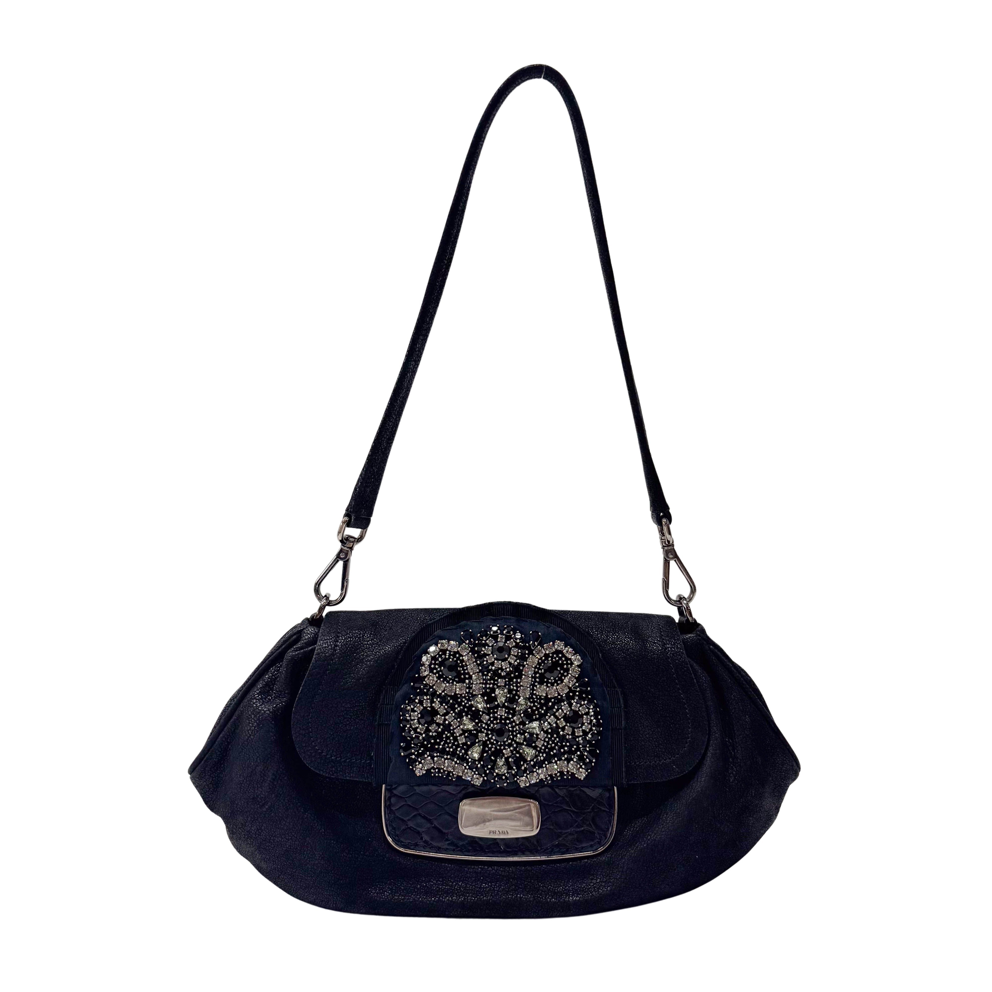 Jeweled Buckle Black Croc-Embossed Leather Flap Shoulder Bag