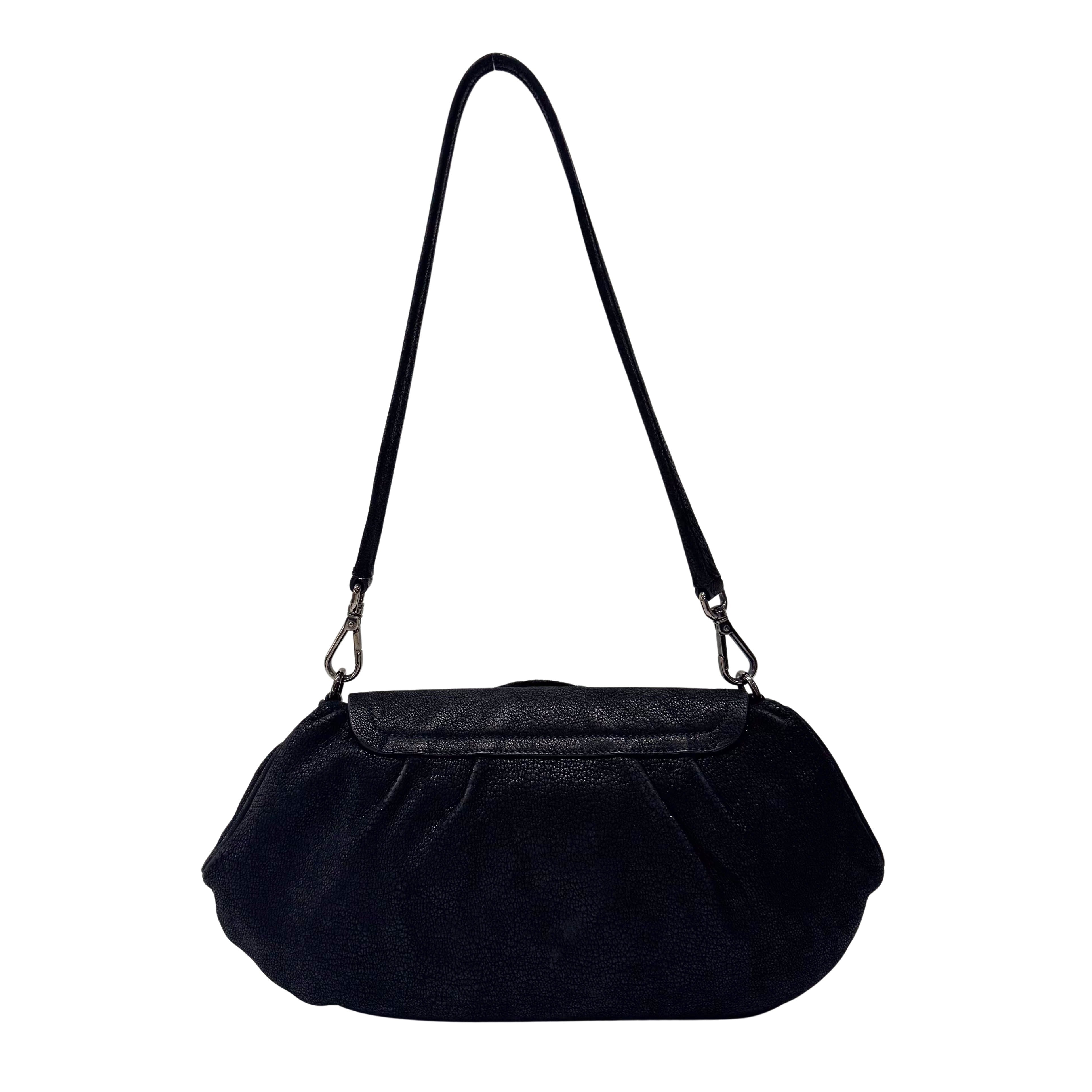 Jeweled Buckle Black Croc-Embossed Leather Flap Shoulder Bag