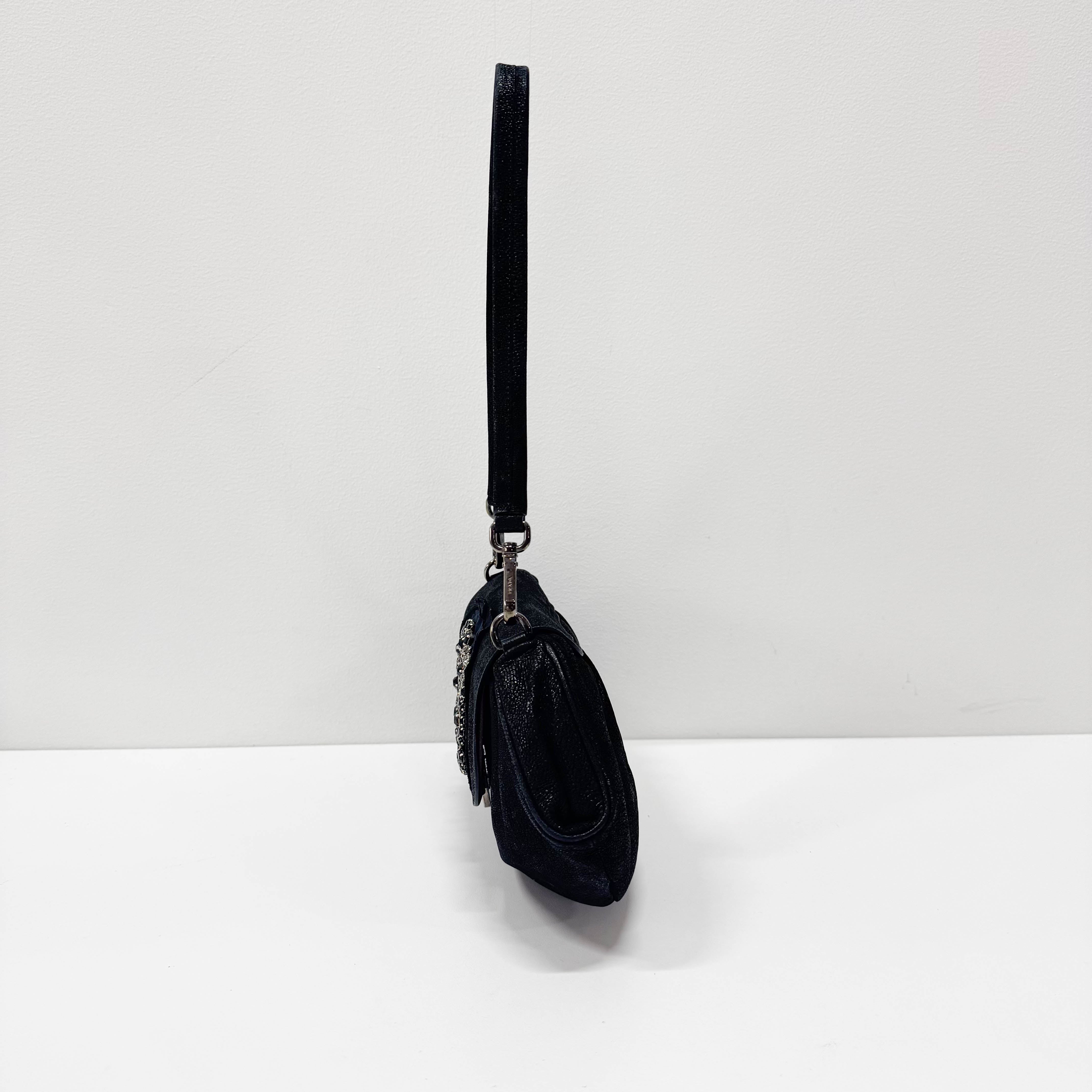 Jeweled Buckle Black Croc-Embossed Leather Flap Shoulder Bag