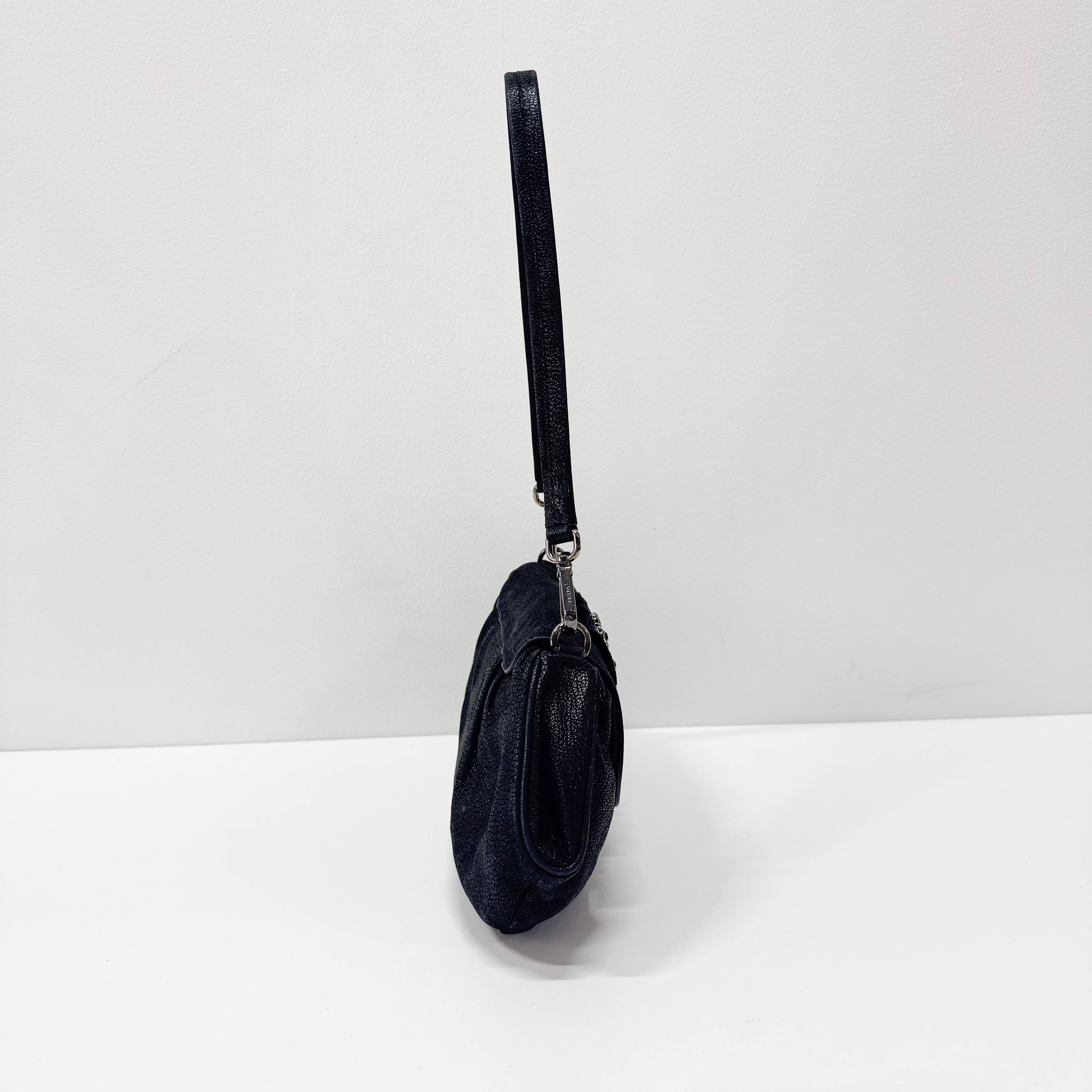 Jeweled Buckle Black Croc-Embossed Leather Flap Shoulder Bag