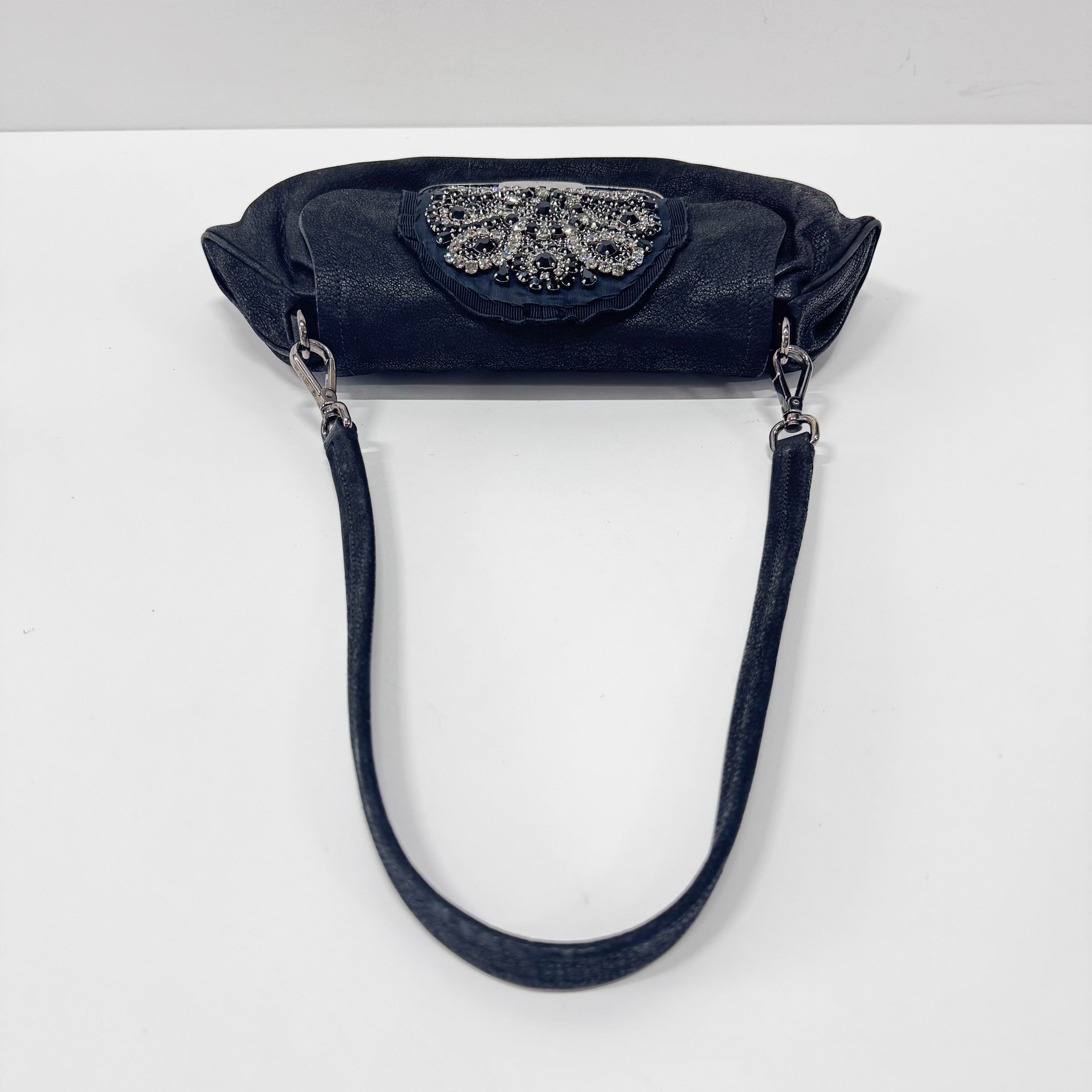 Jeweled Buckle Black Croc-Embossed Leather Flap Shoulder Bag