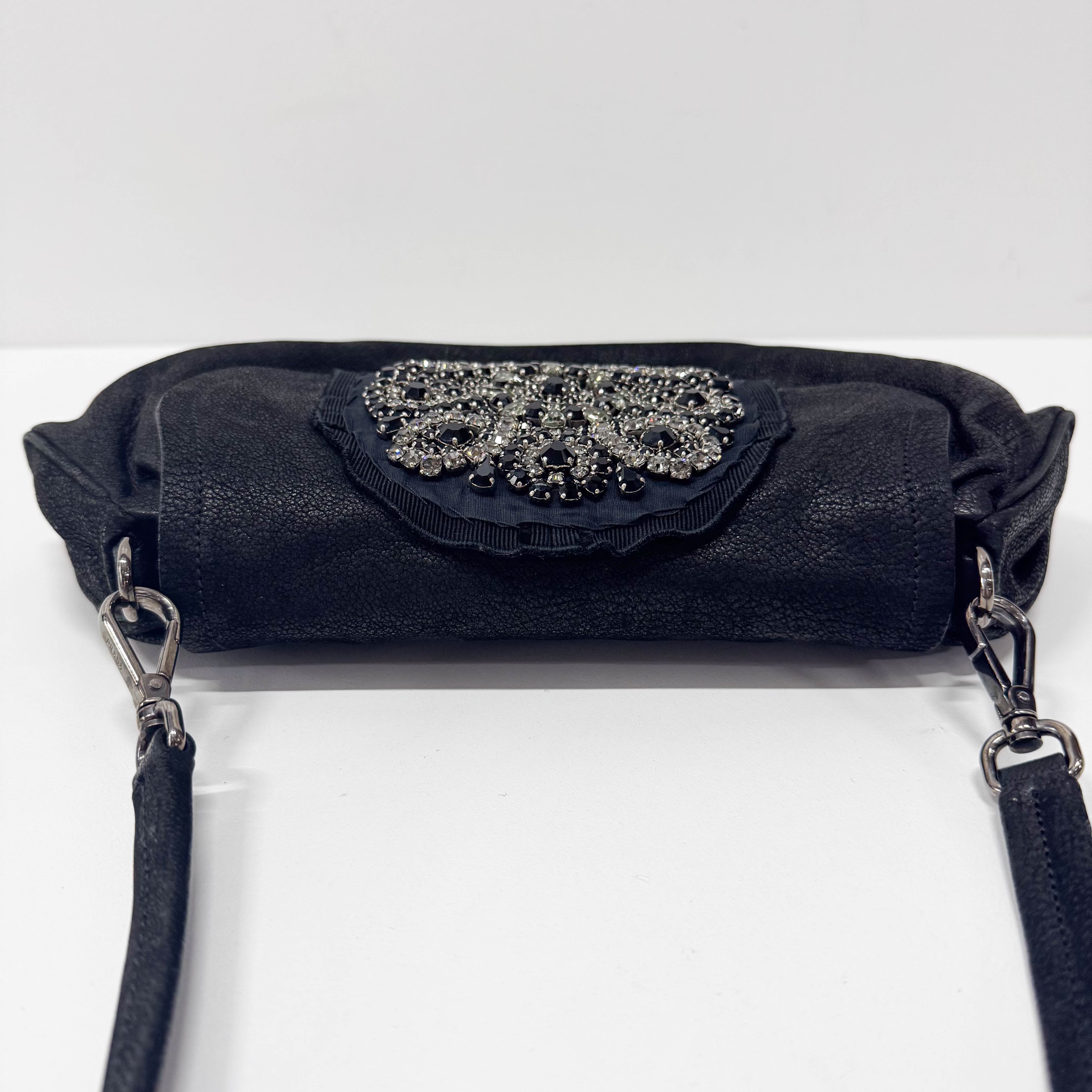 Jeweled Buckle Black Croc-Embossed Leather Flap Shoulder Bag