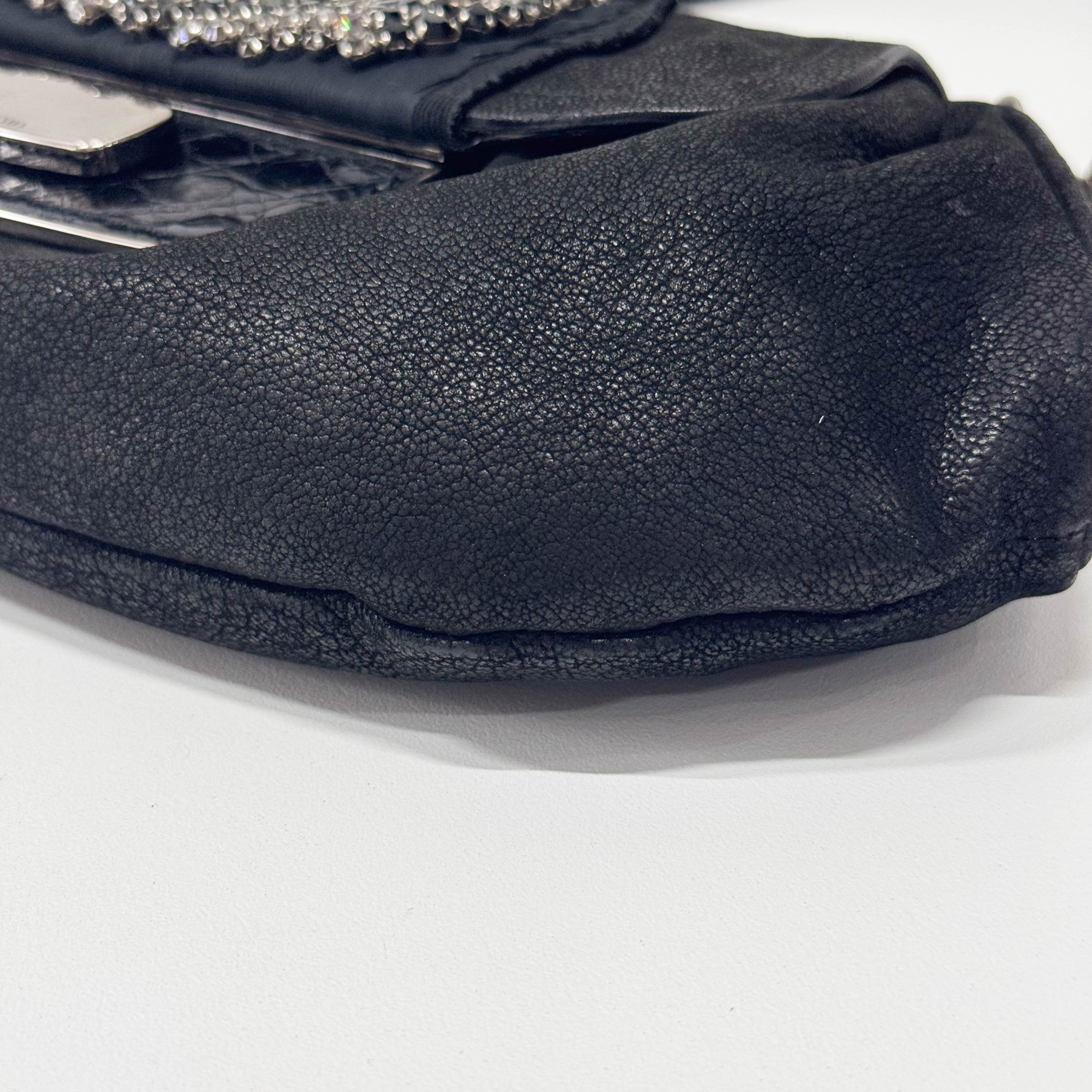Jeweled Buckle Black Croc-Embossed Leather Flap Shoulder Bag