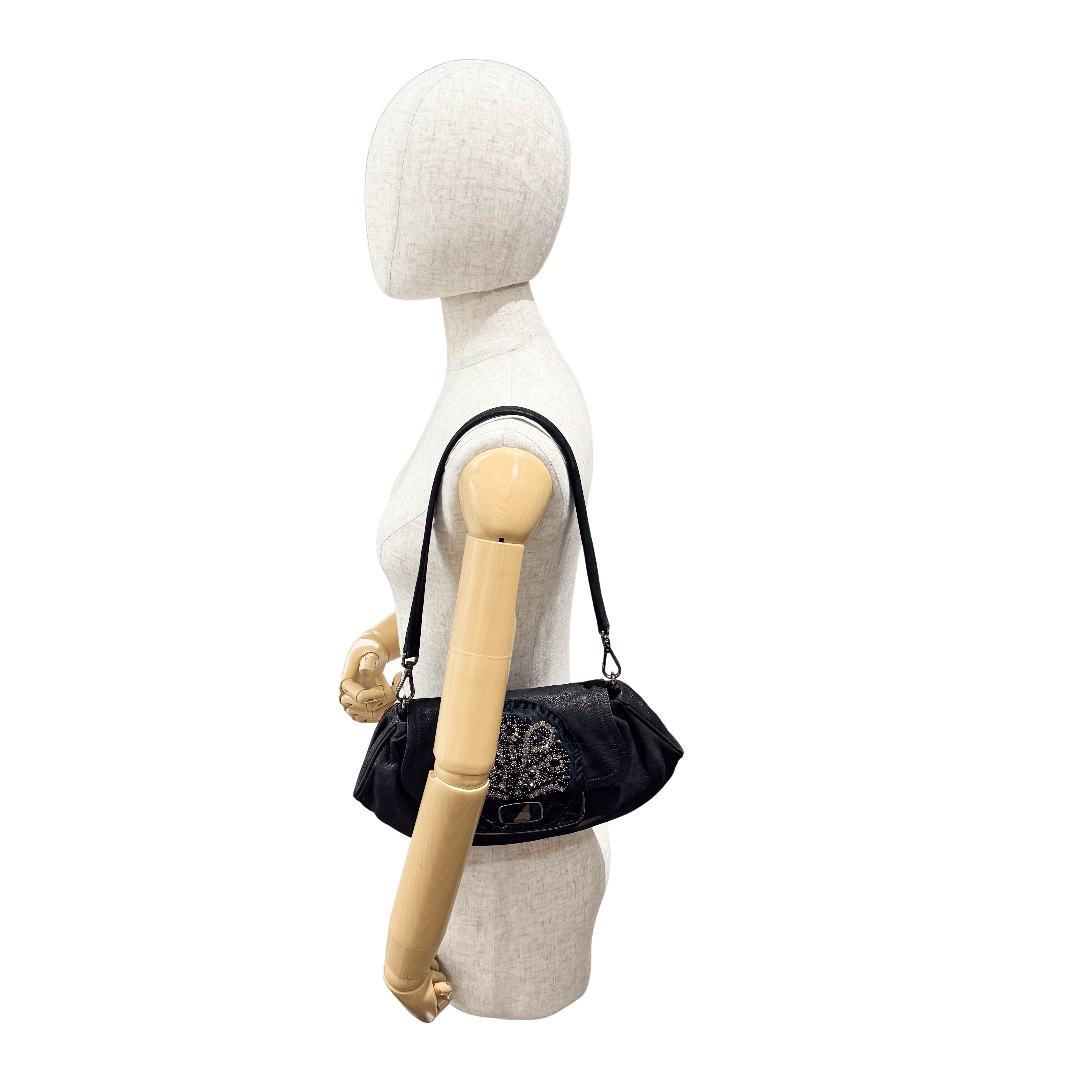 Jeweled Buckle Black Croc-Embossed Leather Flap Shoulder Bag