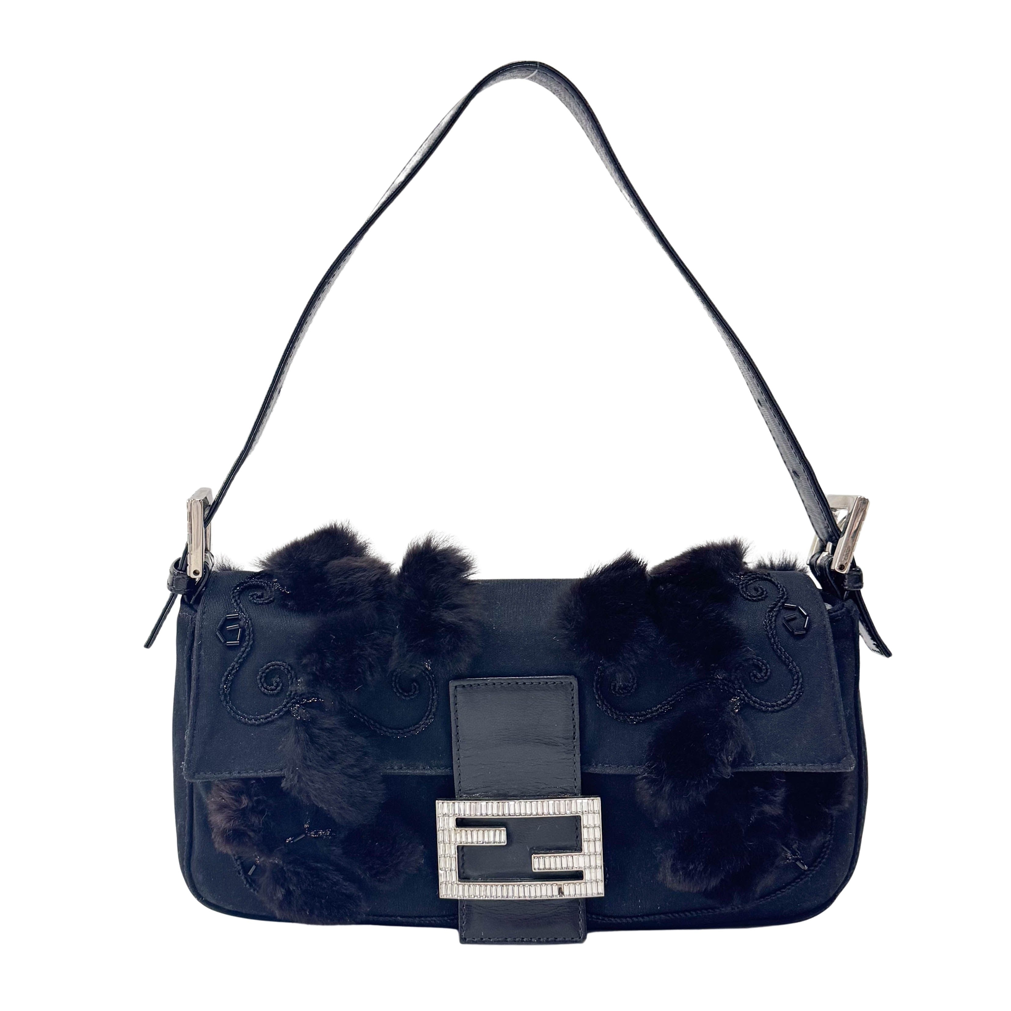 Baguette Black Neoprene Fur Rhinestone Hardware Shoulder Bag