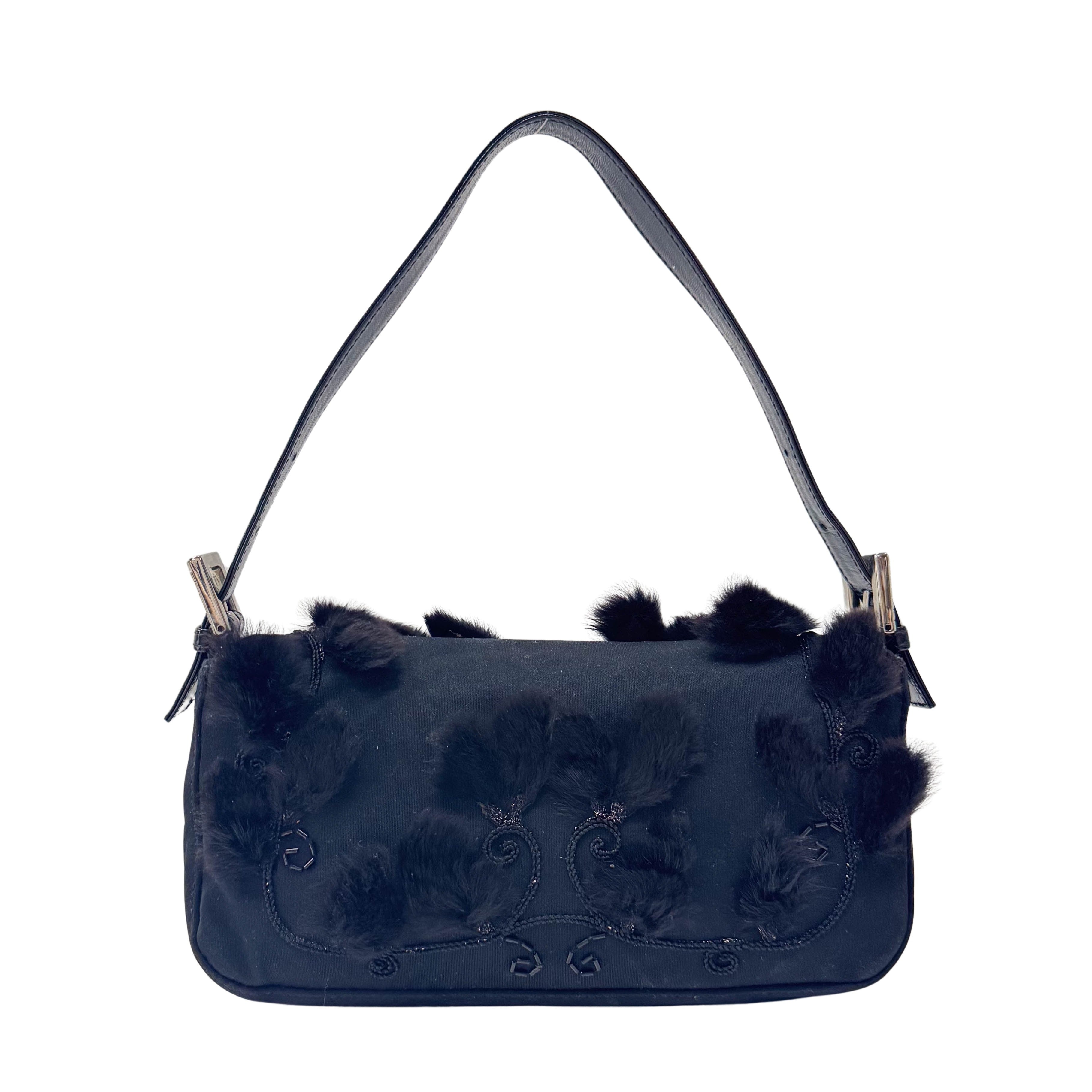 Baguette Black Neoprene Fur Rhinestone Hardware Shoulder Bag