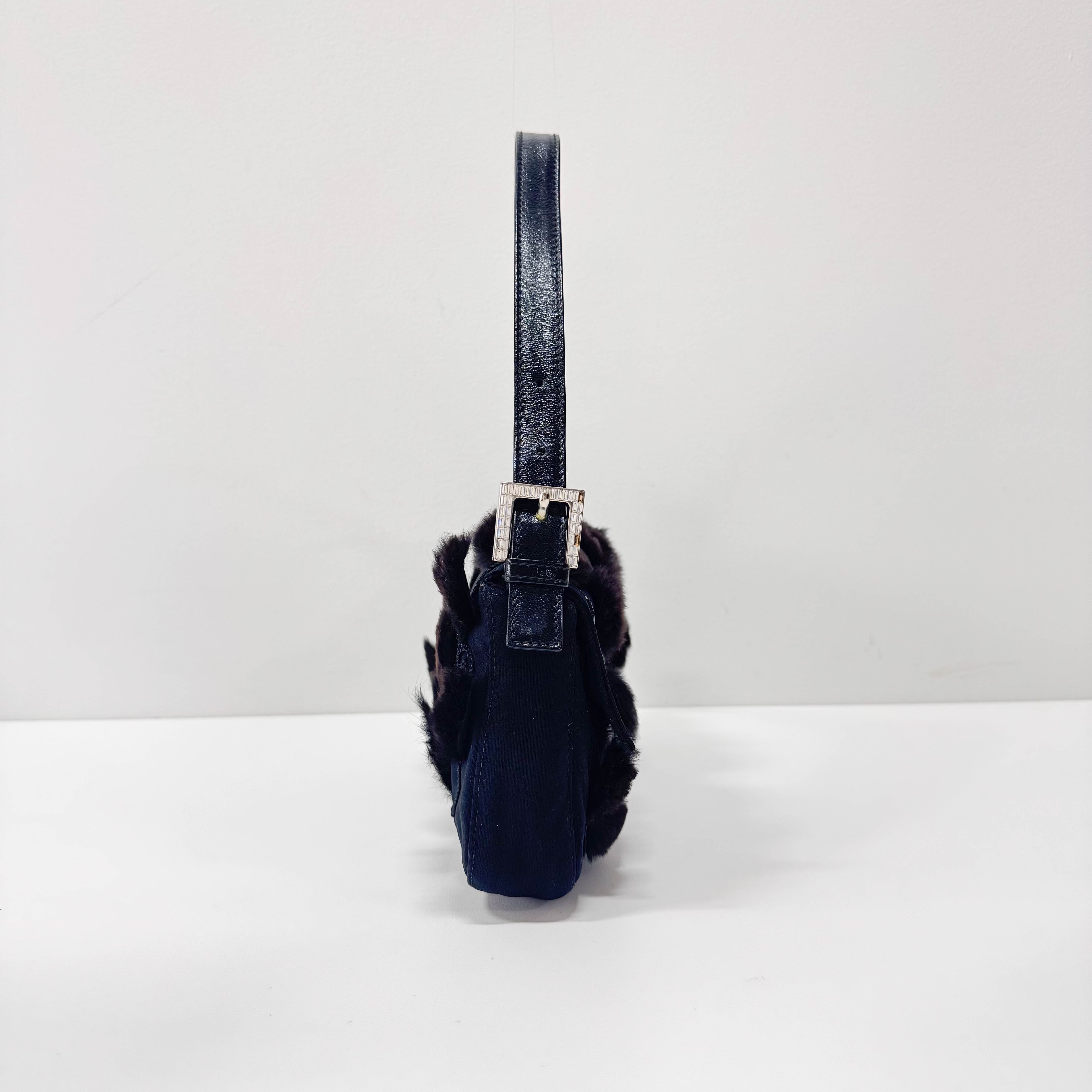 Baguette Black Neoprene Fur Rhinestone Hardware Shoulder Bag