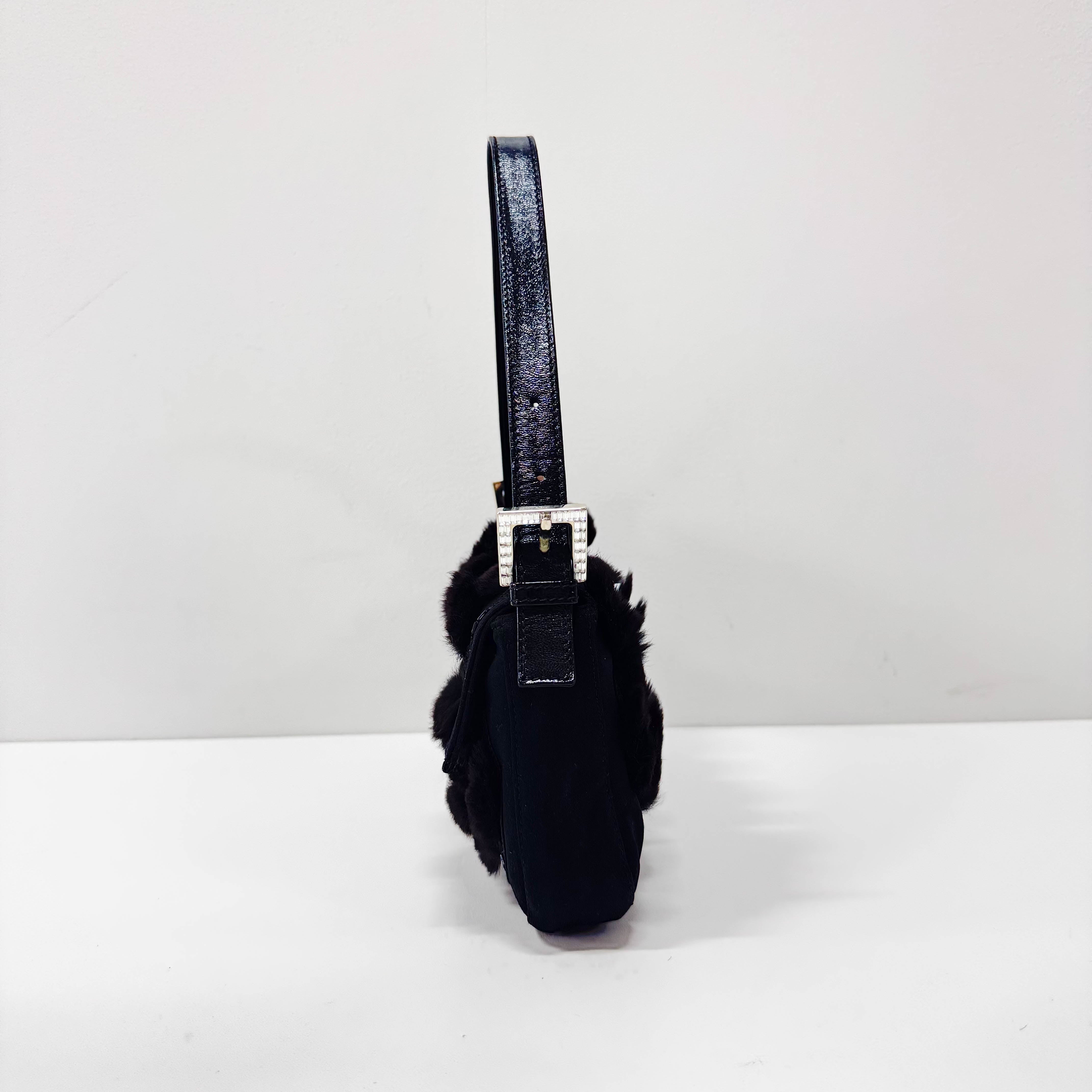 Baguette Black Neoprene Fur Rhinestone Hardware Shoulder Bag