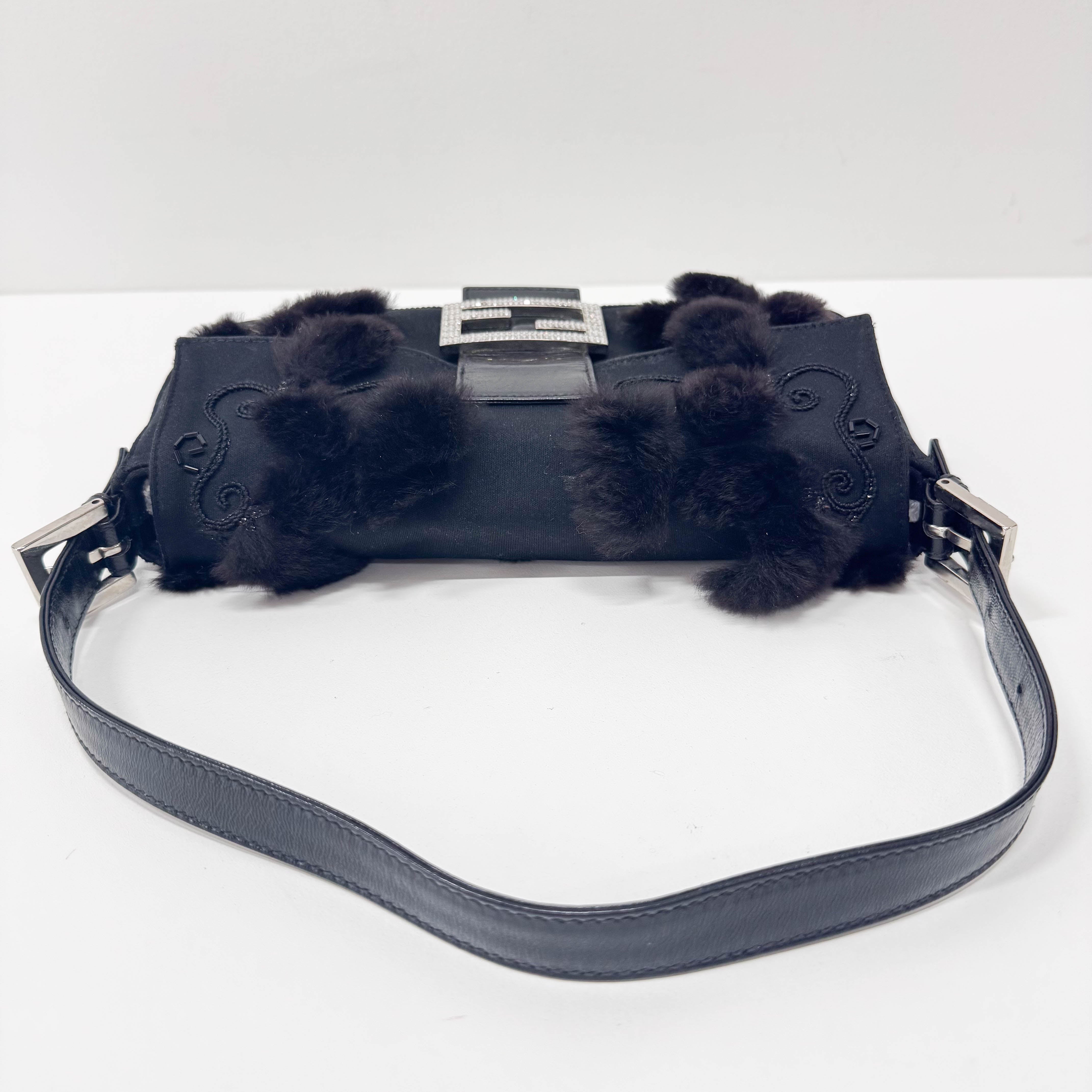 Baguette Black Neoprene Fur Rhinestone Hardware Shoulder Bag