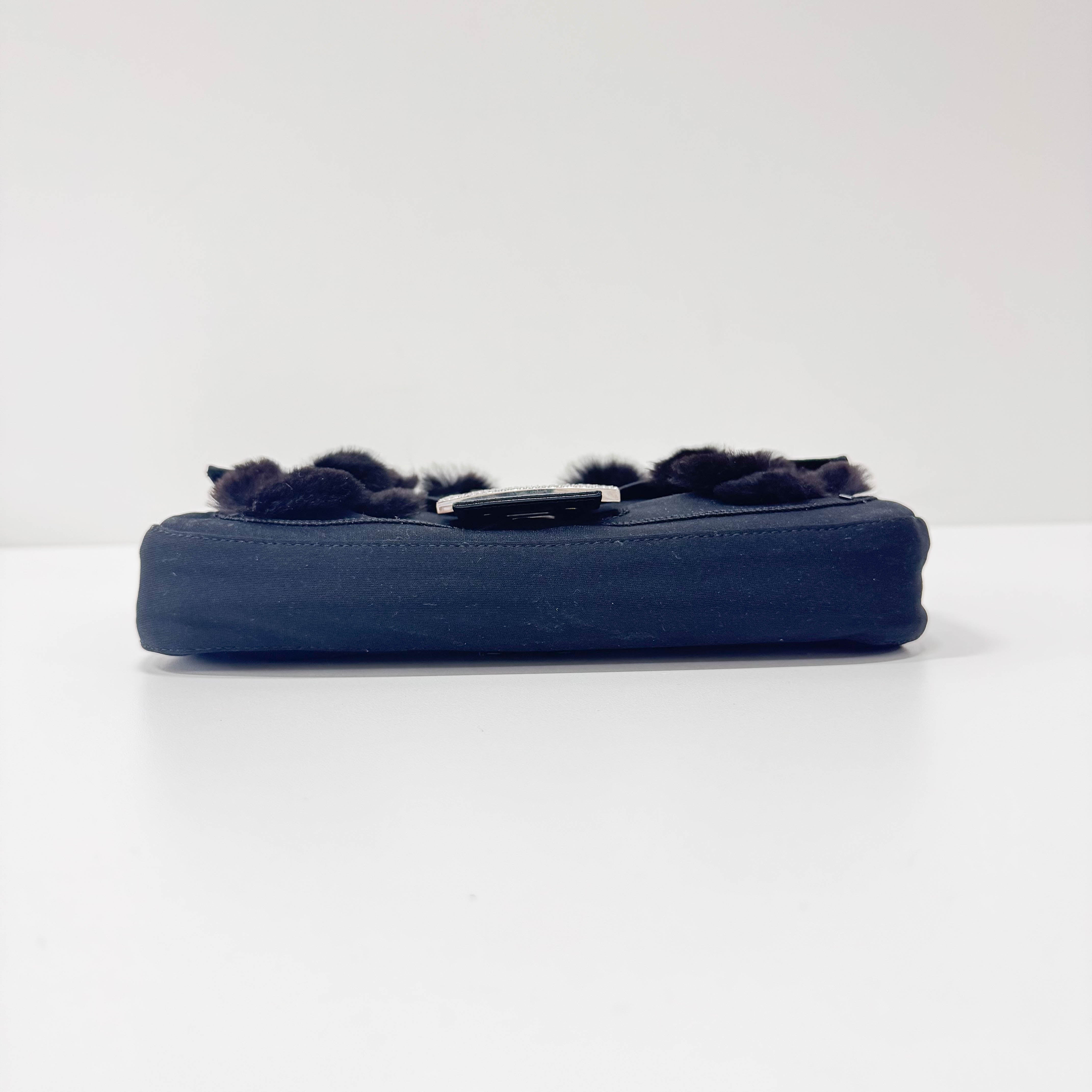 Baguette Black Neoprene Fur Rhinestone Hardware Shoulder Bag