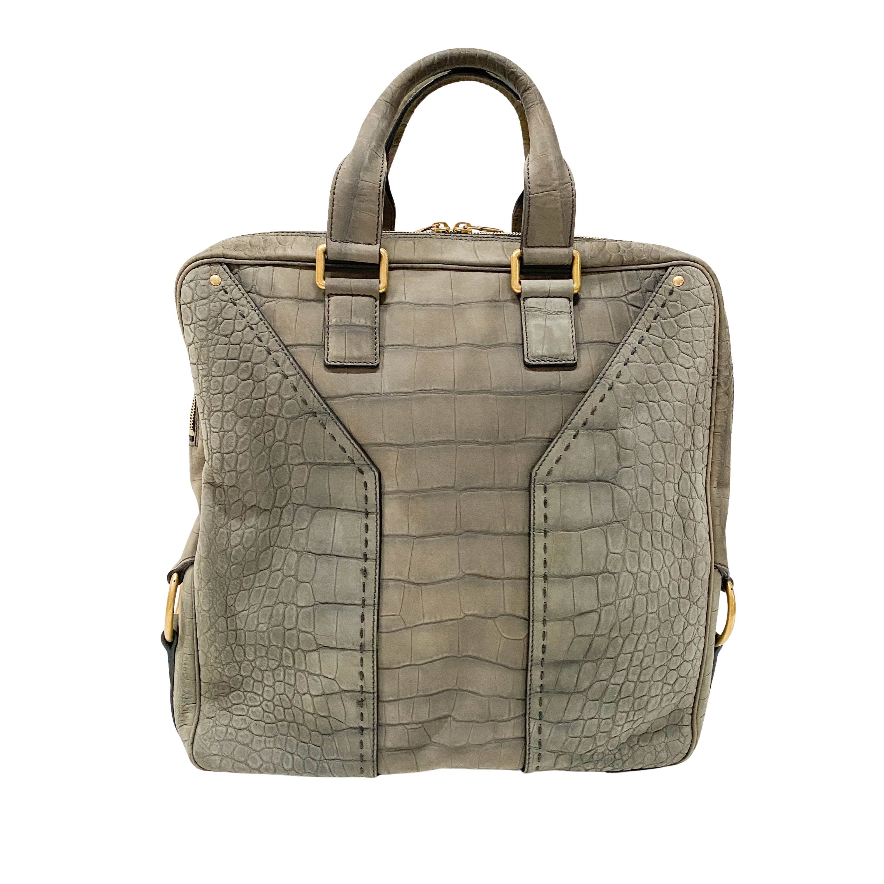 Grey Croc Embossed Leather Tote Handbag
