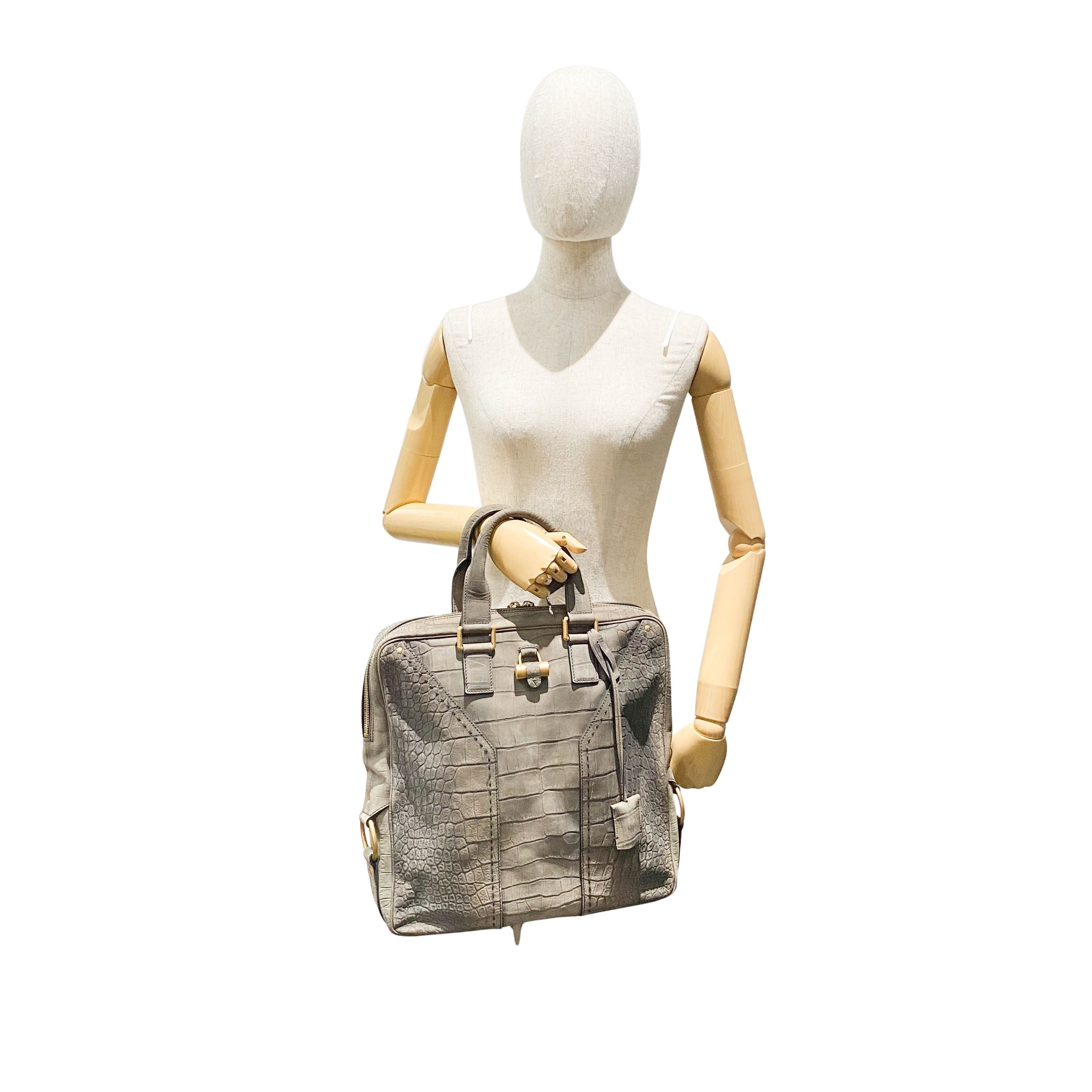 Grey Croc Embossed Leather Tote Handbag