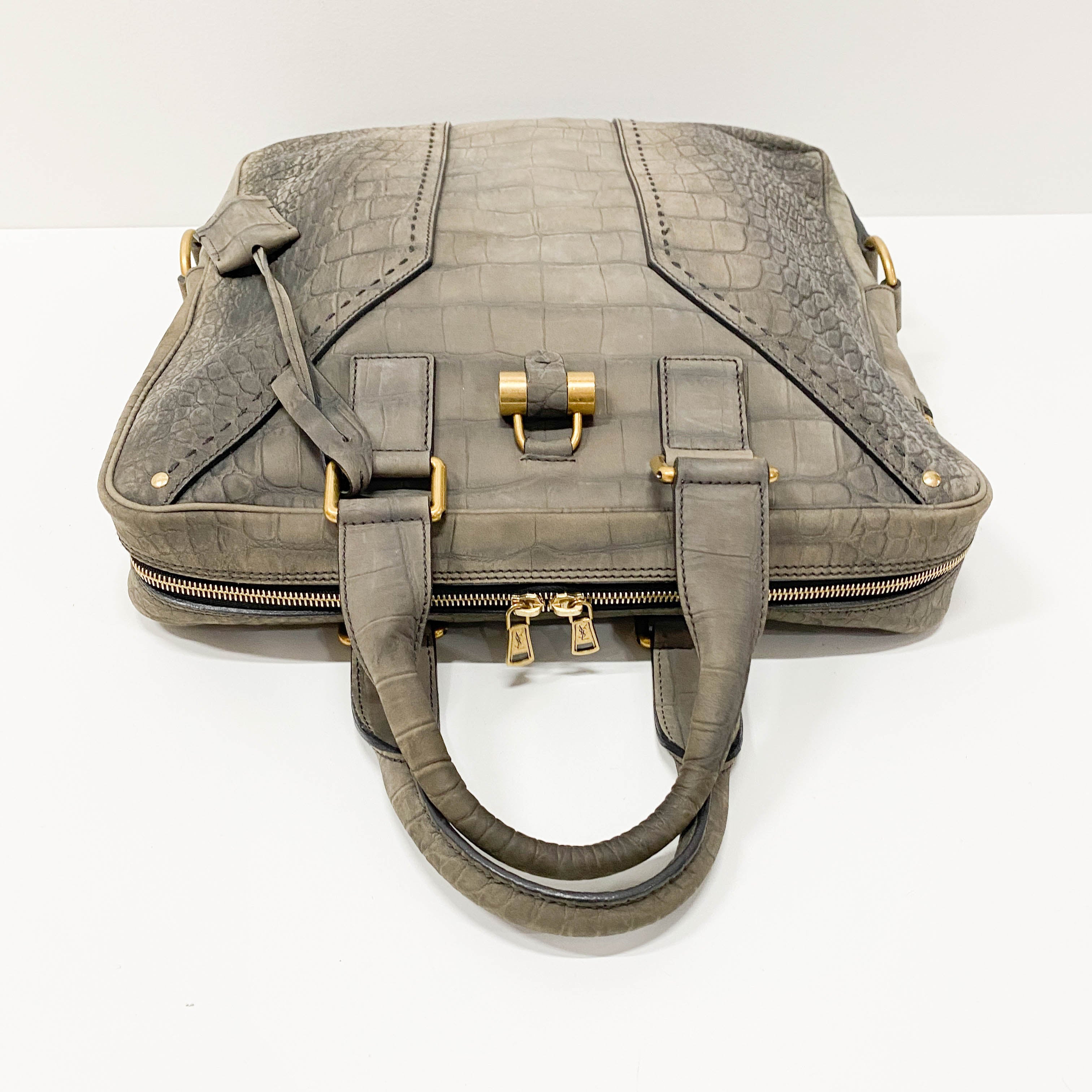 Grey Croc Embossed Leather Tote Handbag