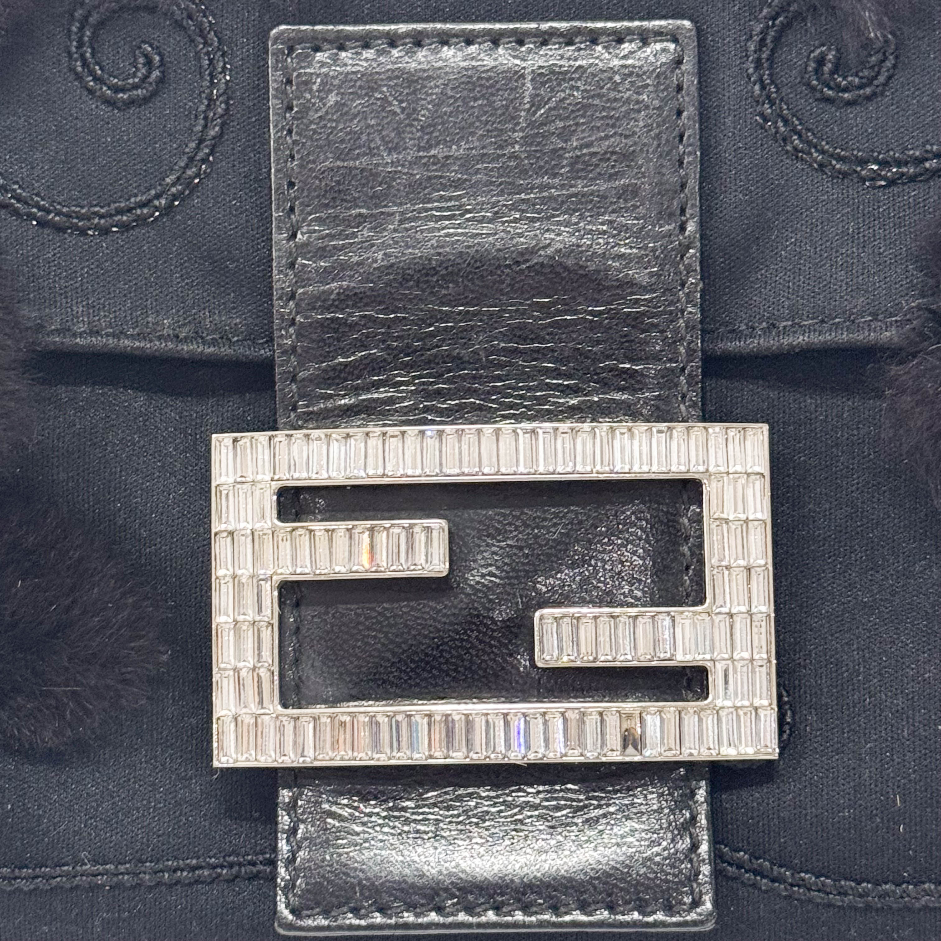 Baguette Black Neoprene Fur Rhinestone Hardware Shoulder Bag