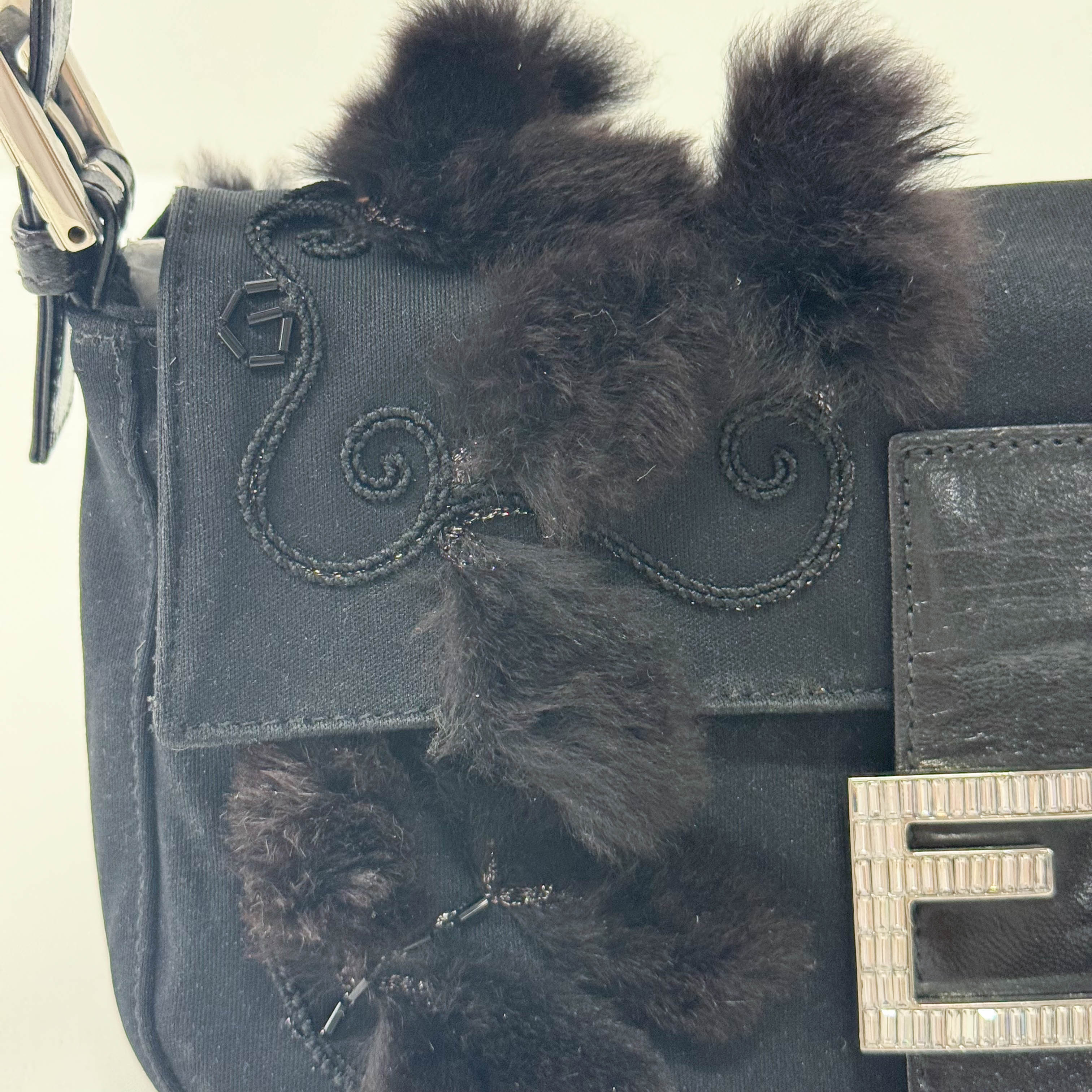 Baguette Black Neoprene Fur Rhinestone Hardware Shoulder Bag