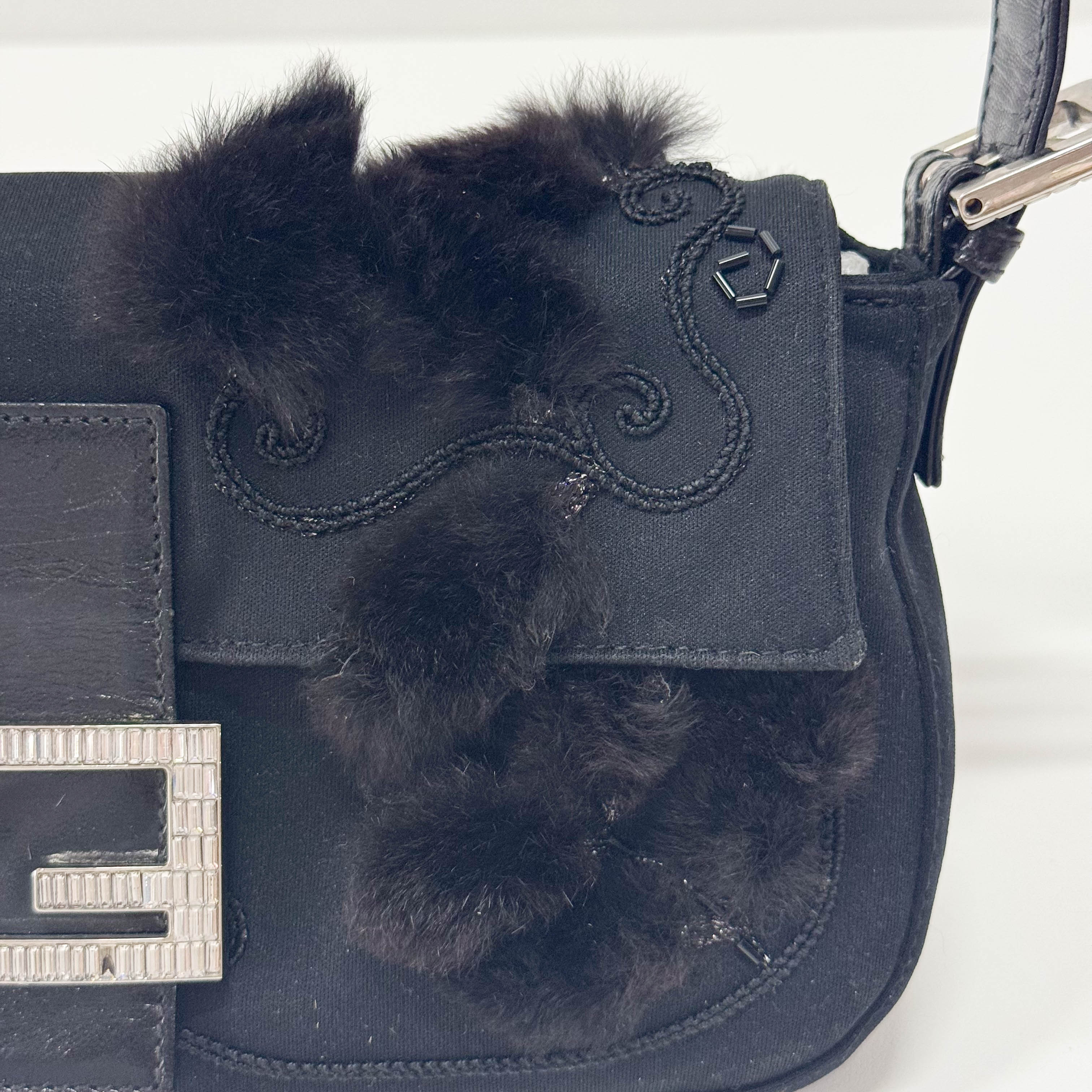 Baguette Black Neoprene Fur Rhinestone Hardware Shoulder Bag
