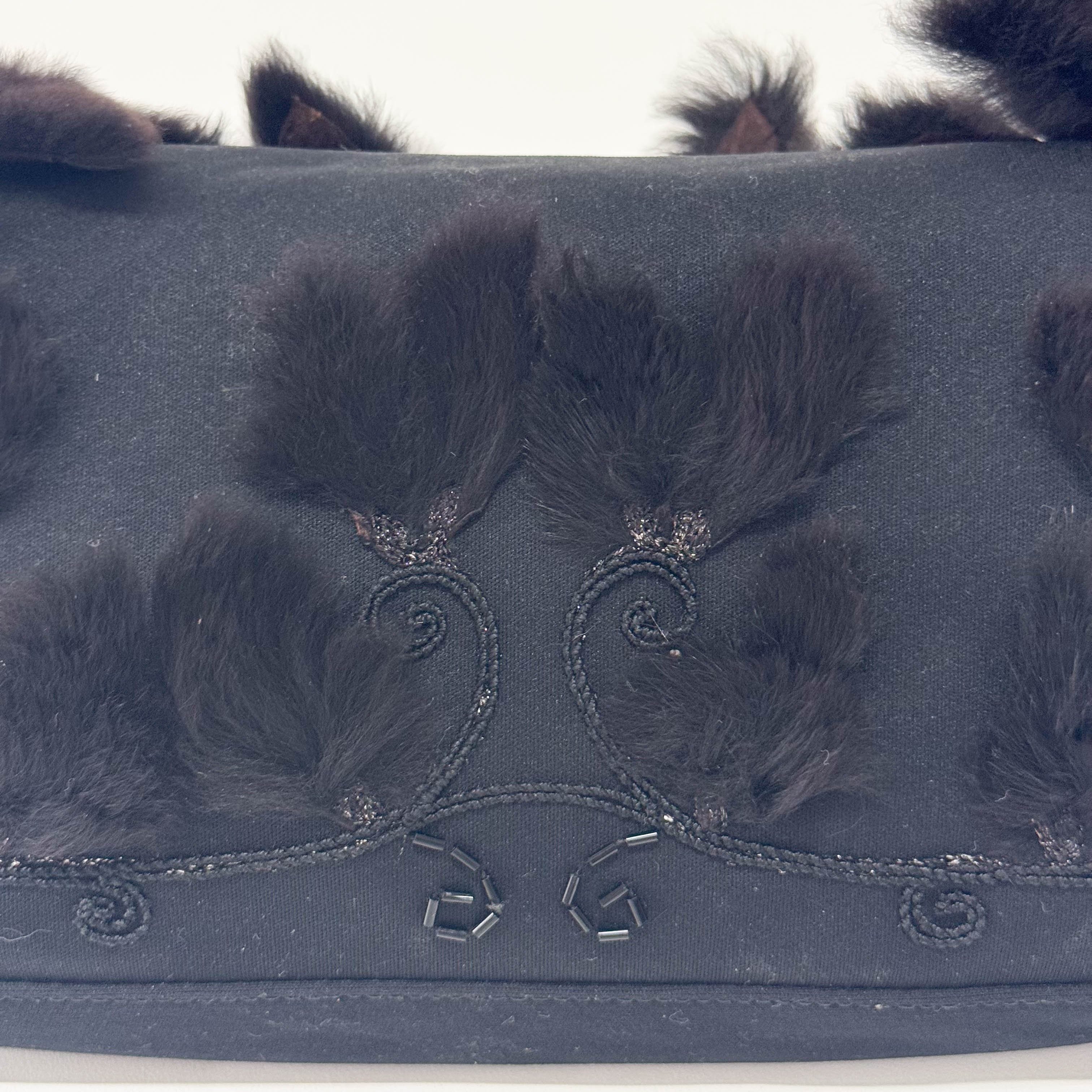 Baguette Black Neoprene Fur Rhinestone Hardware Shoulder Bag
