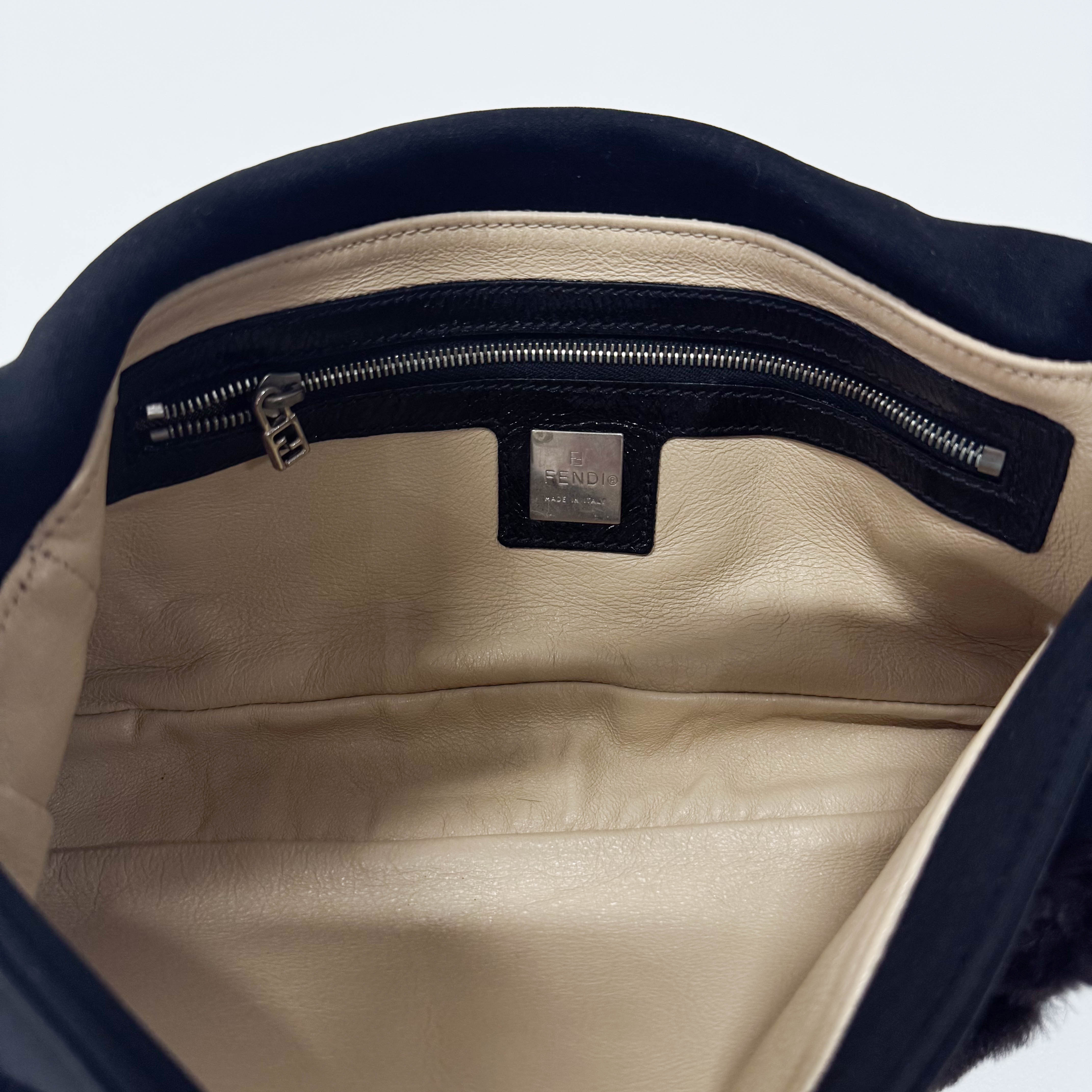 Baguette Black Neoprene Fur Rhinestone Hardware Shoulder Bag