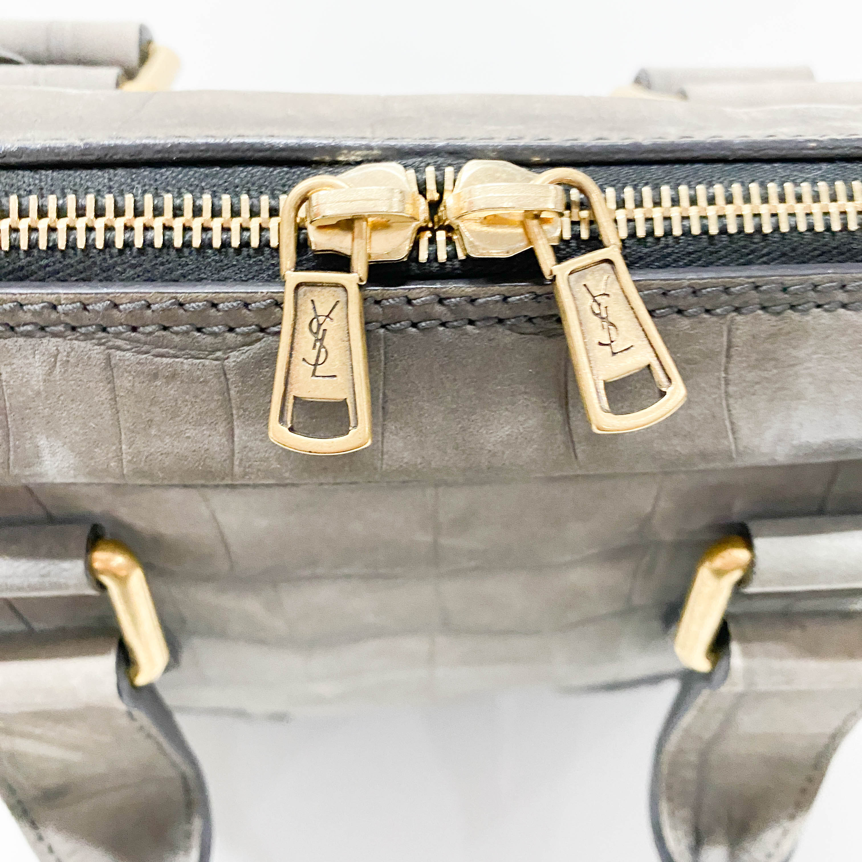 Grey Croc Embossed Leather Tote Handbag